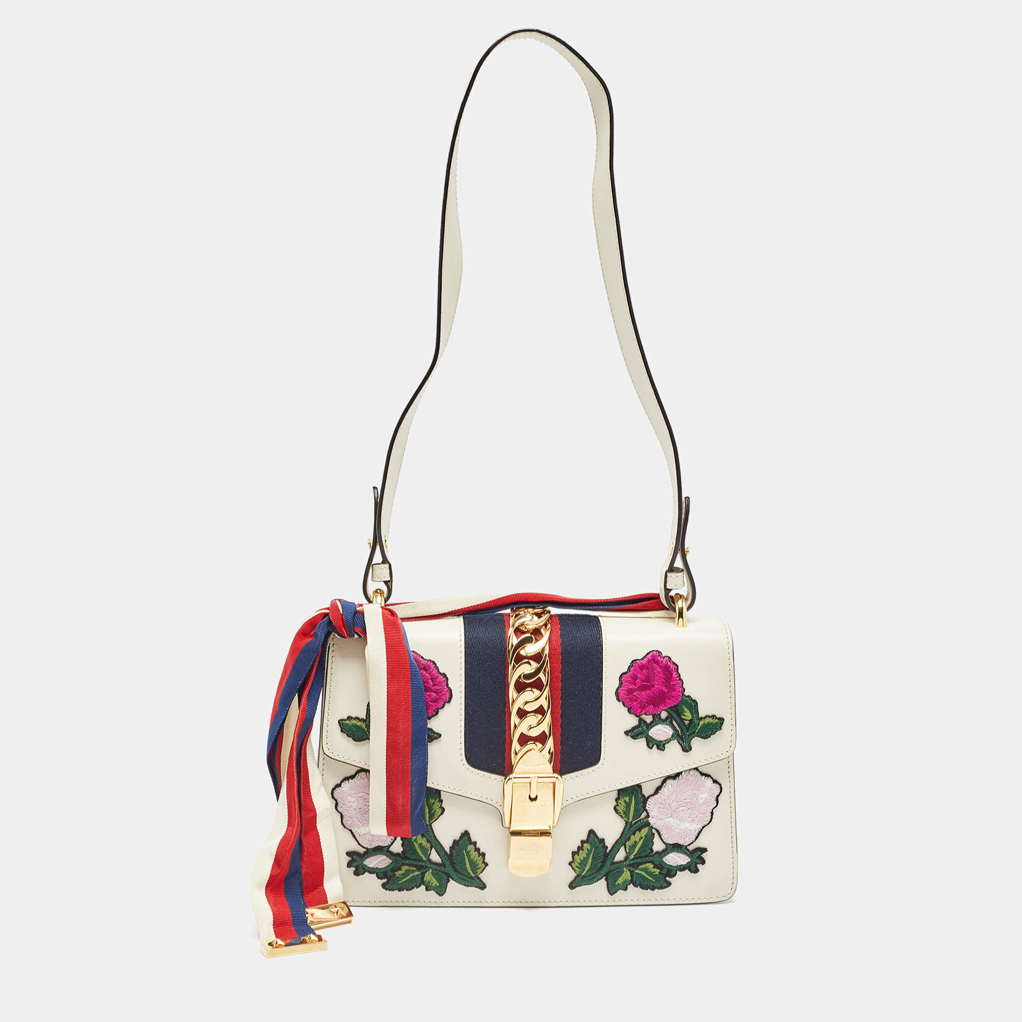 Pre Owned Gucci Off White Leather Small Web Embroidered Sylvie Shoulder Bag