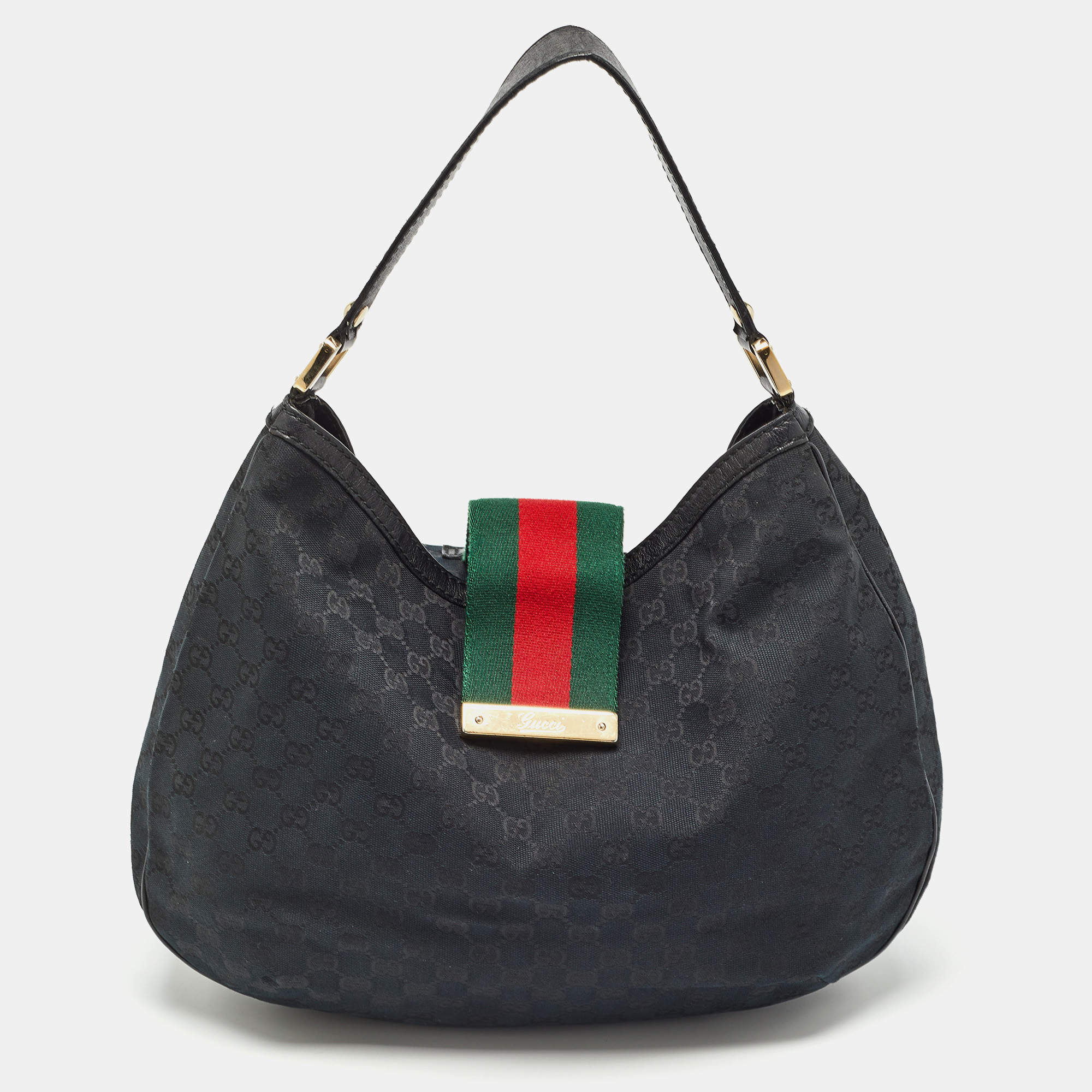 Pre Owned Gucci Black GG Canvas and Leather New Ladies Web Hobo