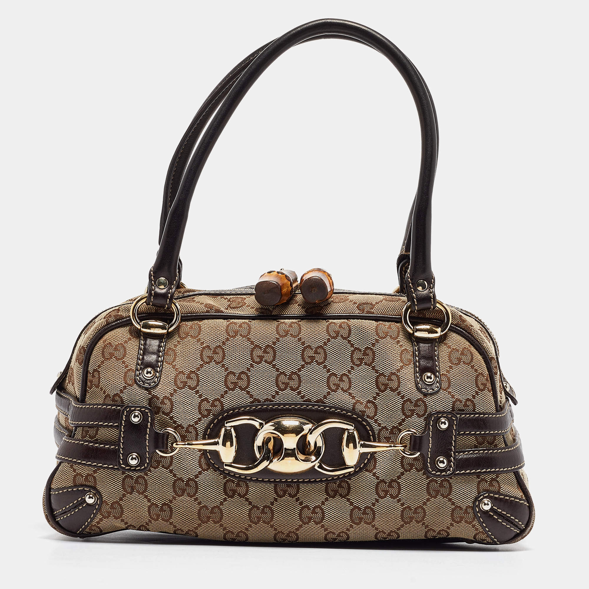 Pre Owned Gucci Brown/Beige GG Canvas and Leather Horsebit Wave Boston Bag