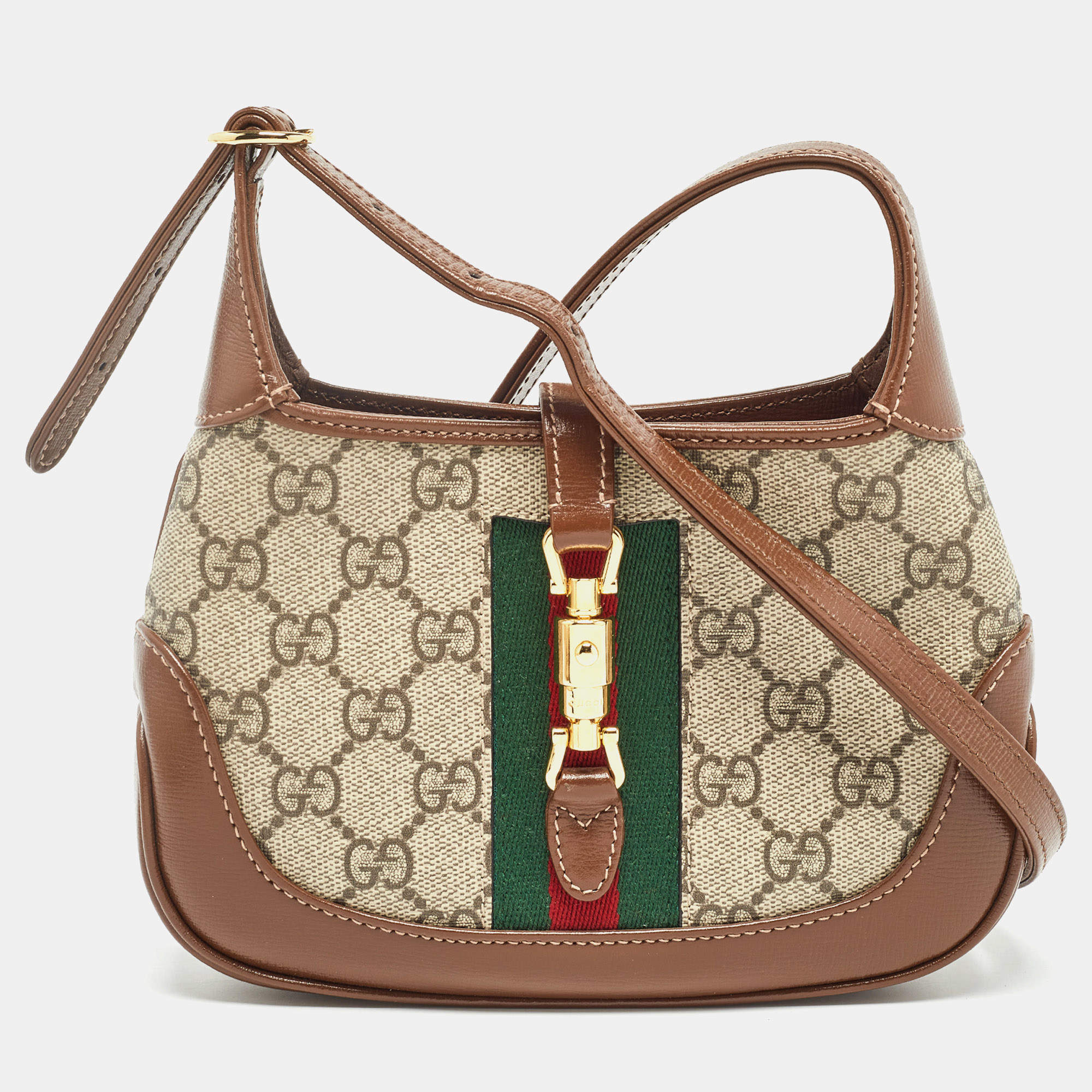 Pre Owned Gucci Beige/Tan GG Supreme Canvas and Leather Mini 1961 Jackie Shoulder Bag