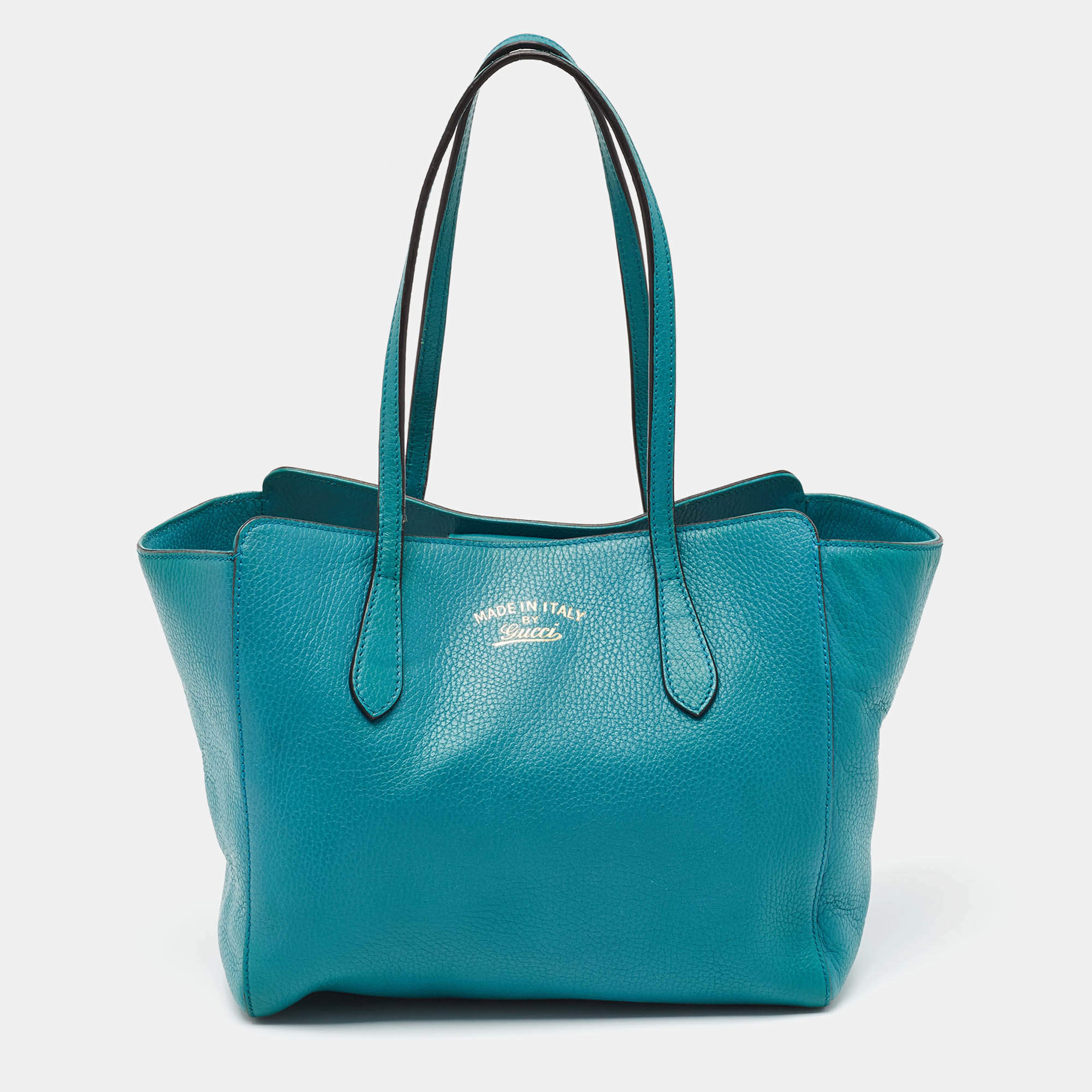 Pre Owned Gucci Green Pebbled Leather Small Swing Tote