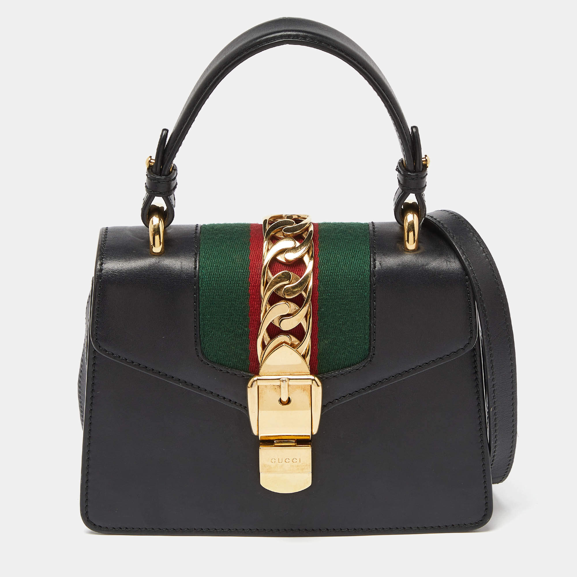 Pre Owned Gucci Black Leather Mini Web Chain Sylvie Top Handle Bag