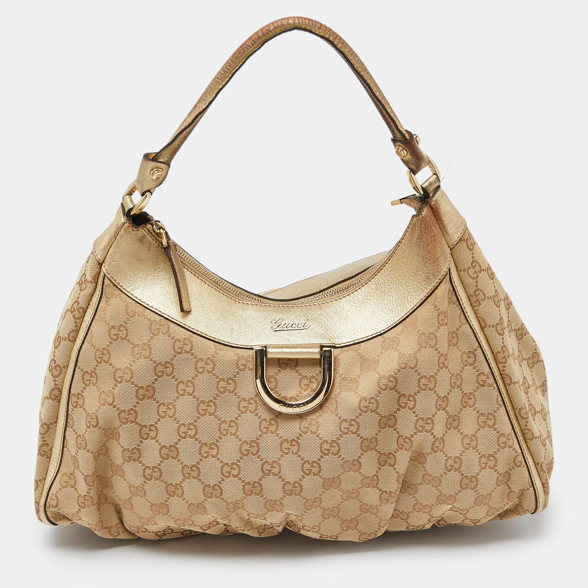 Pre Owned Gucci Biege/Gold GG Canvas and Leather Large D Ring Hobo