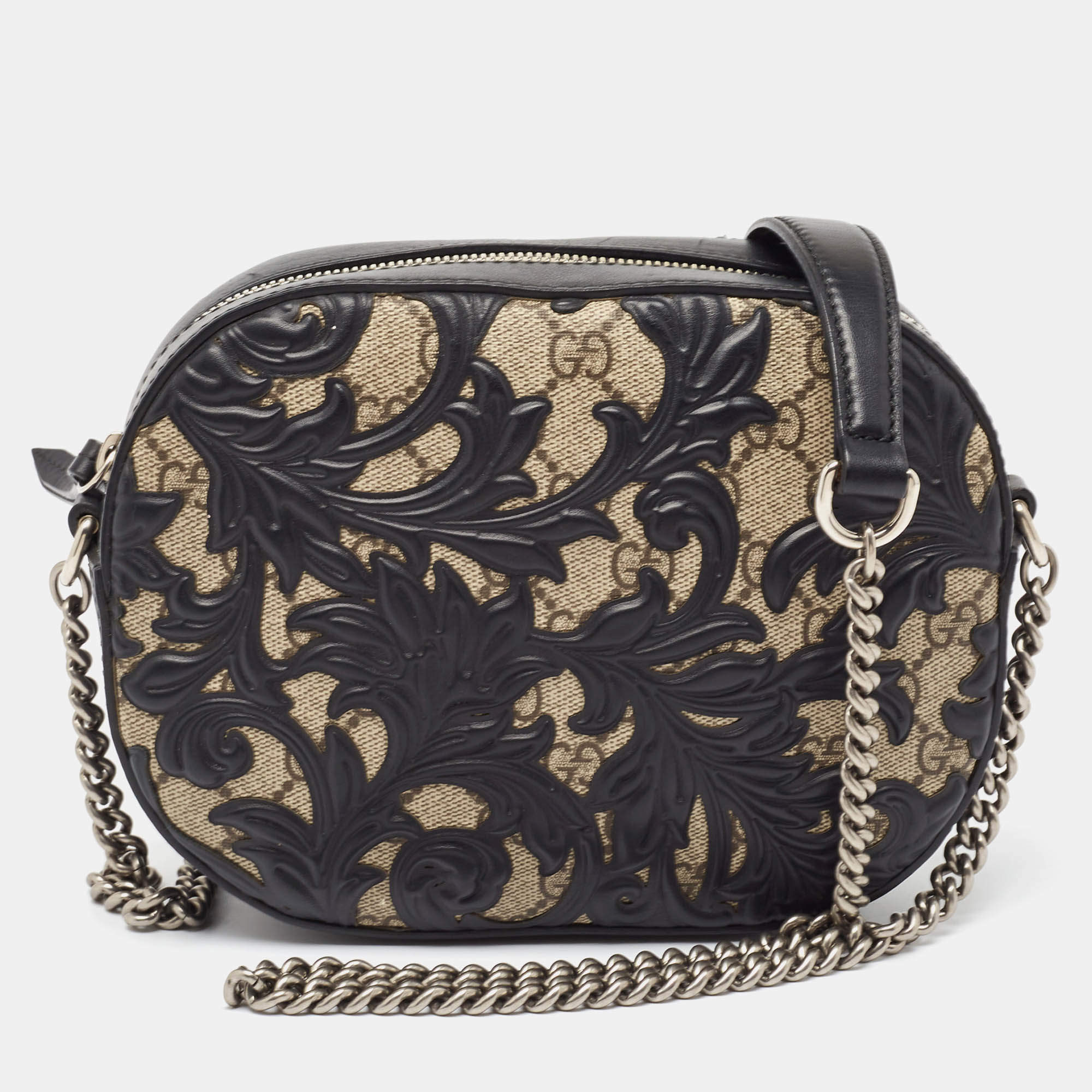 Pre Owned Gucci Black/Beige GG Supreme Canvas Arabesque Mini Chain Bag