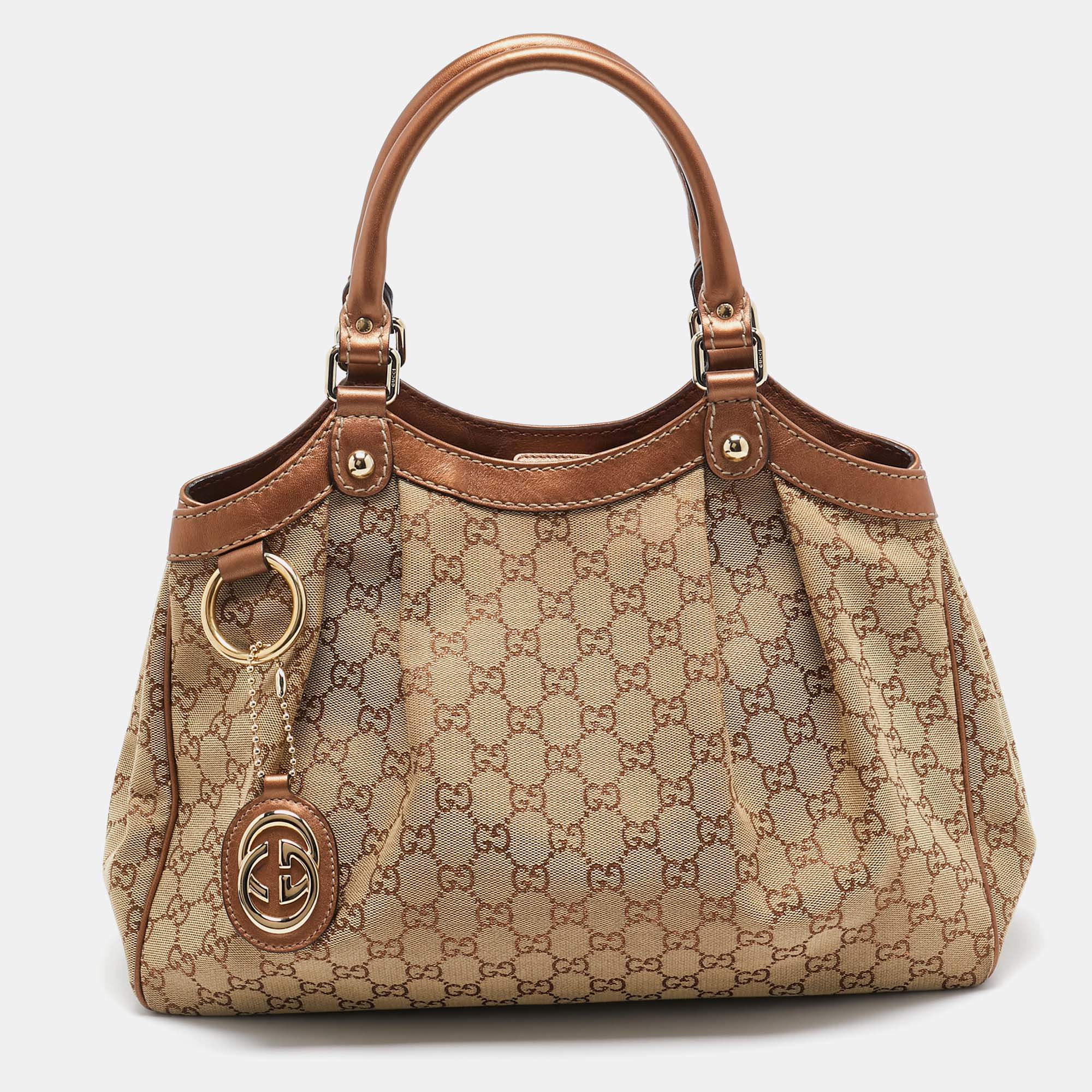 Pre Owned Gucci Bronze/Beige GG Canvas and Leather Medium Sukey Tote