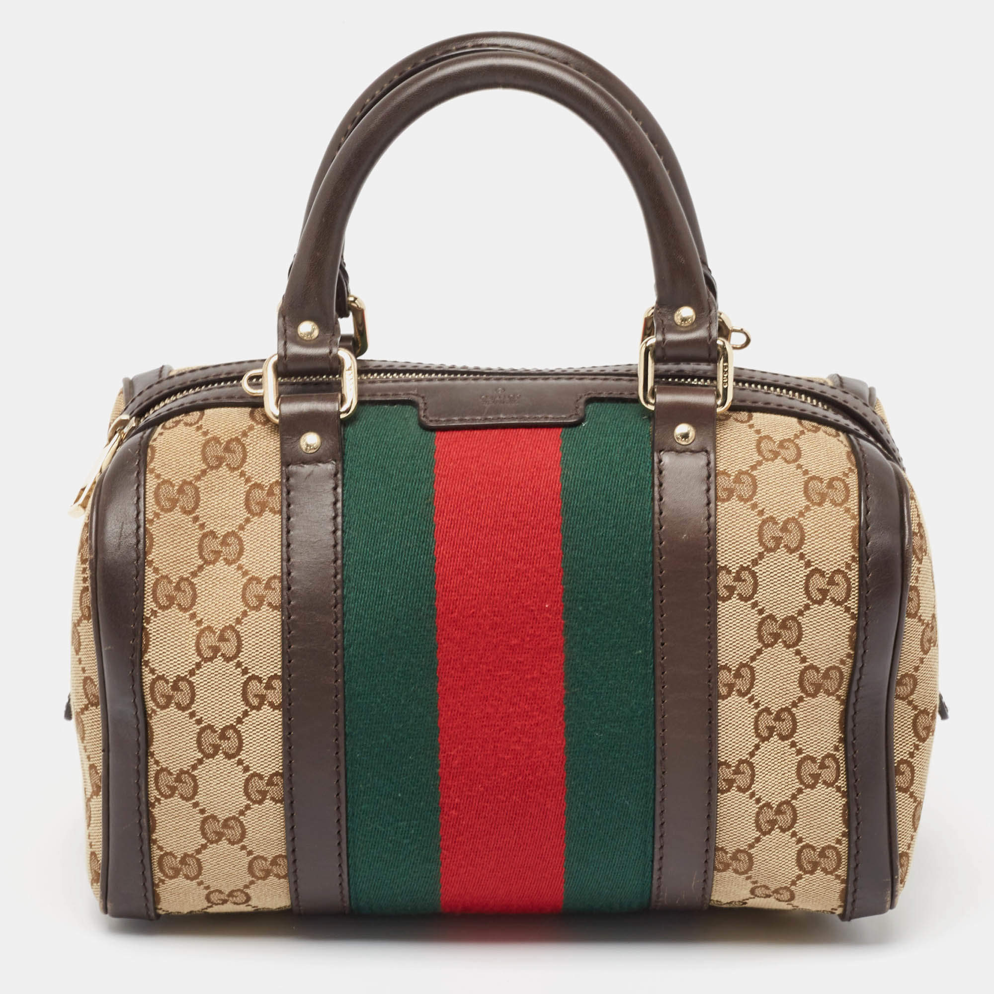 Gucci Brown/Beige GG Canvas and Leather Web Boston Bag