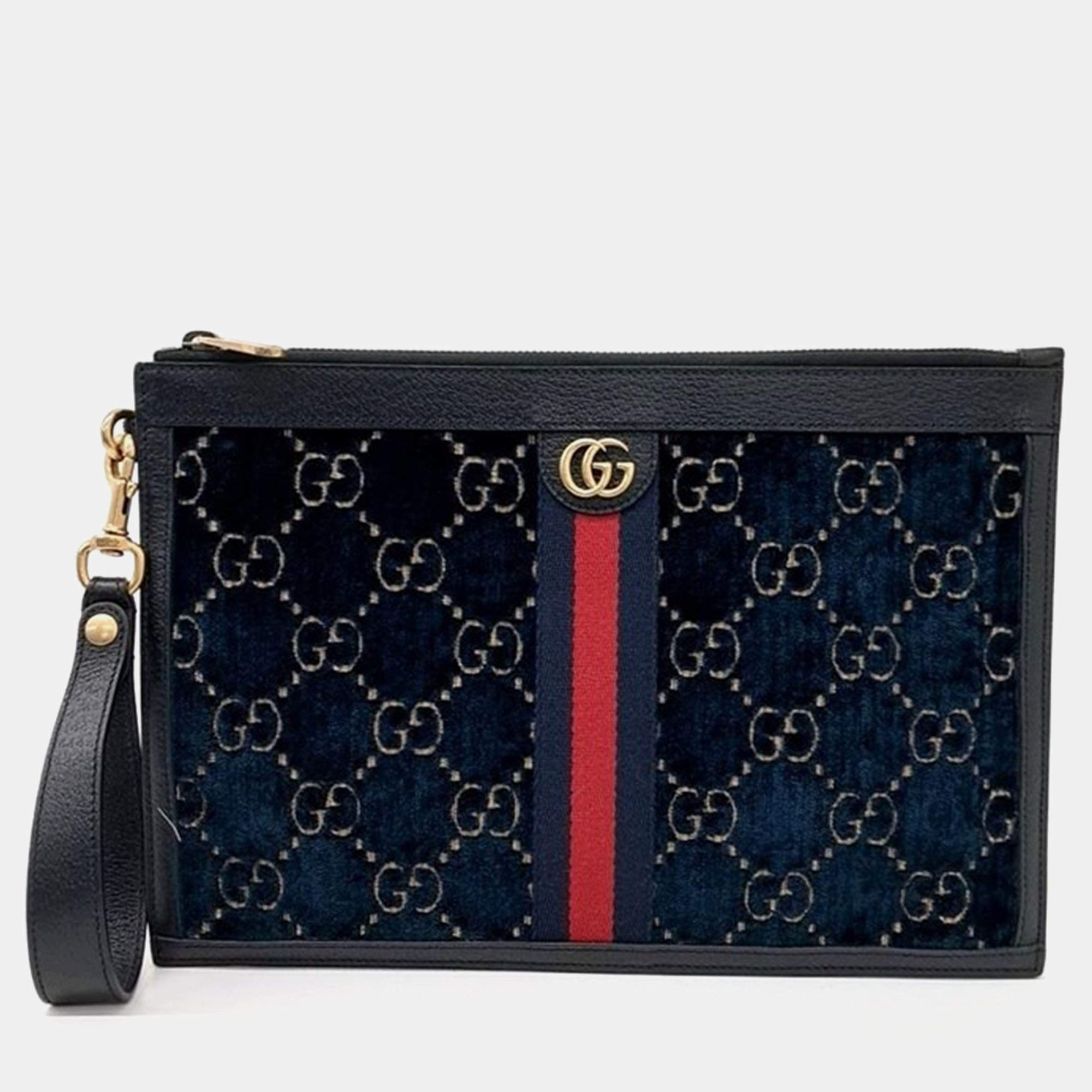 Gucci Blue/Black Velvet GG Monogram Textured Calfskin Web Ophidia Wristlet