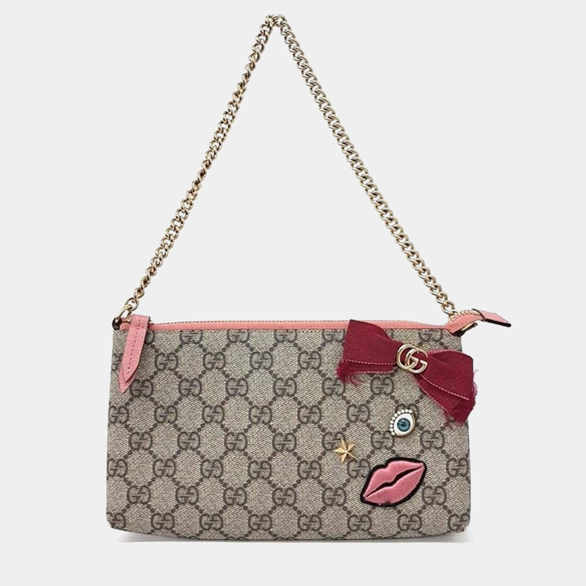 Gucci Beige GG Supreme Canvas Embroidered Face Chain