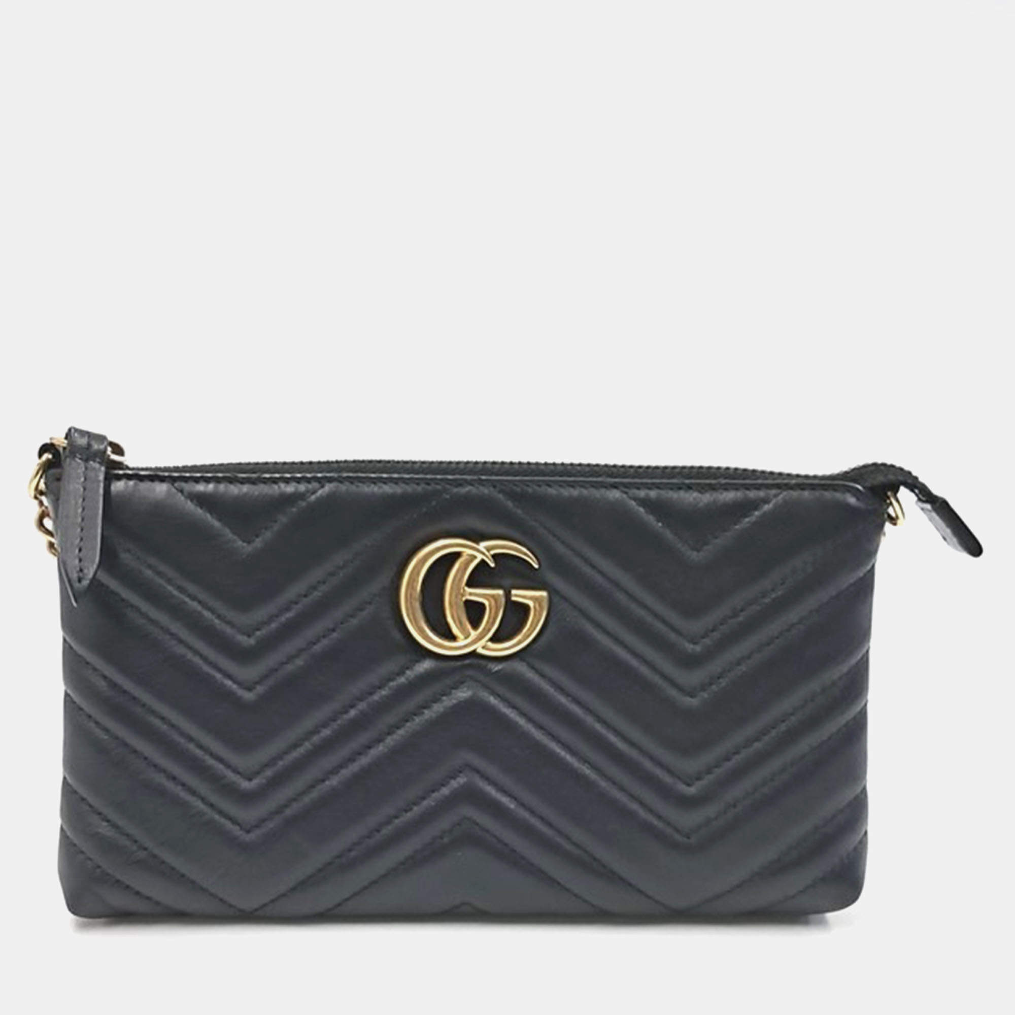 Pre Owned Gucci Black Matelasse Leather GG Marmont Clutch with Chain