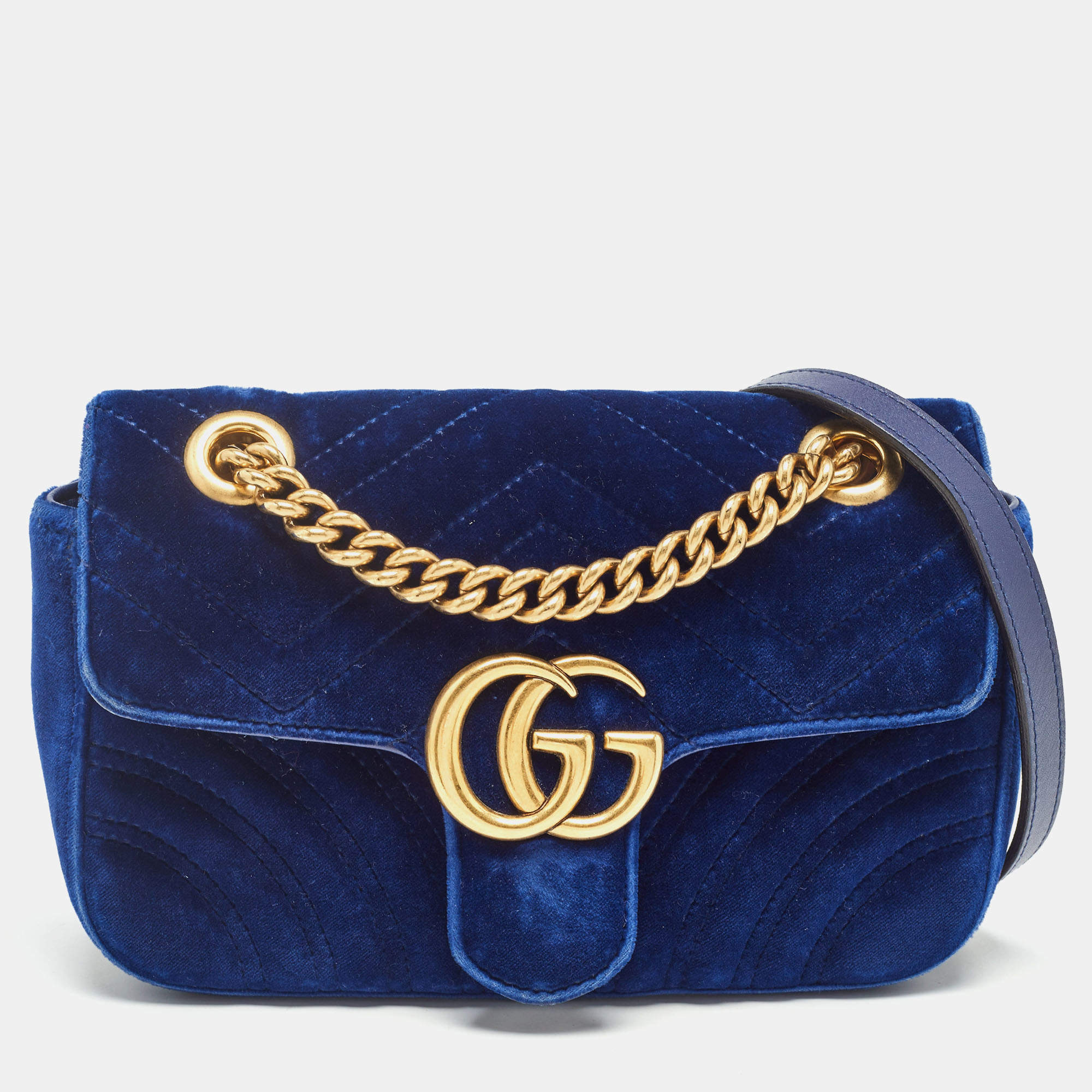 Pre Owned Gucci Blue Matelasse Velvet Mini GG Marmont Shoulder Bag