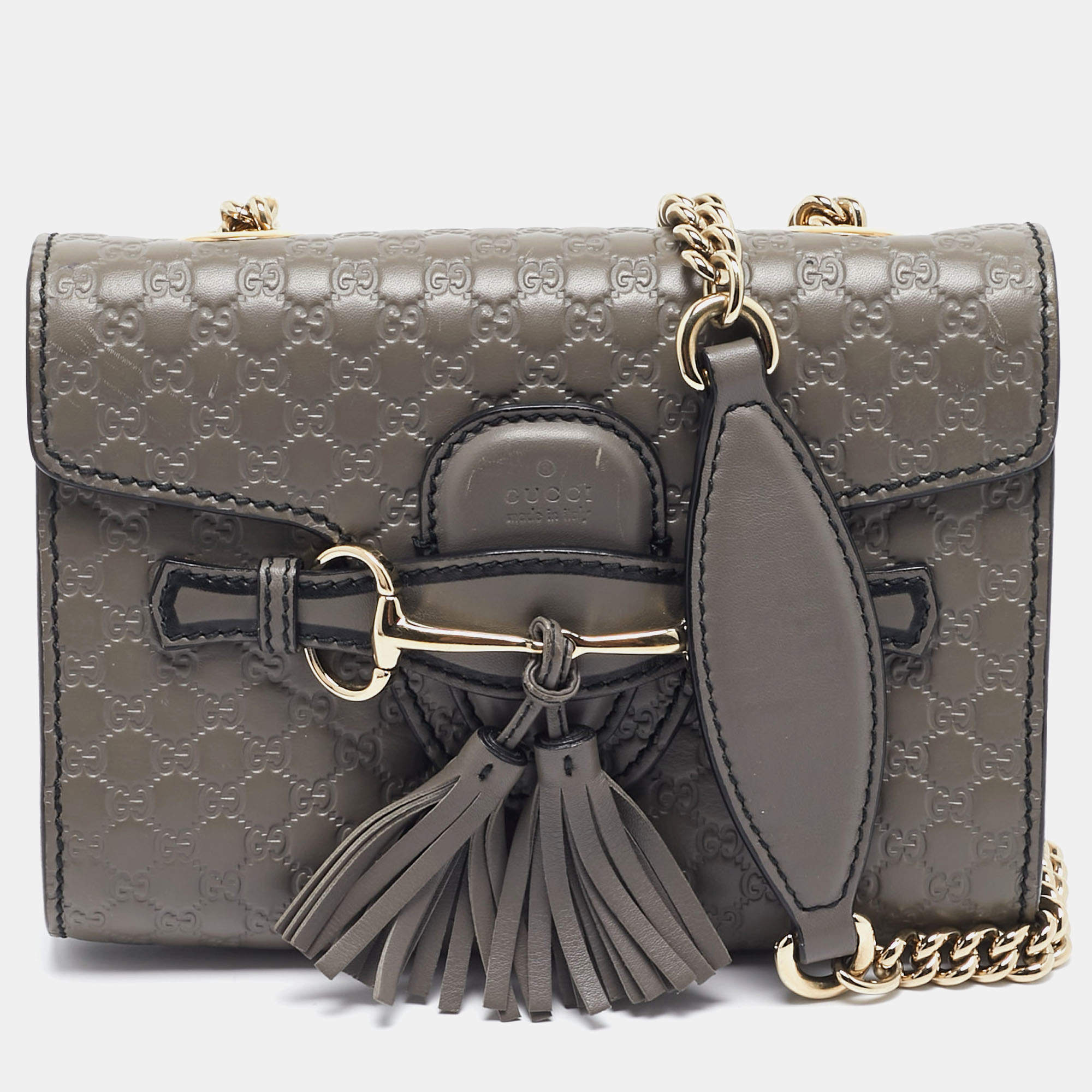 Pre Owned Gucci Grey Microguccissima Leather Mini Emily Chain Shoulder Bag