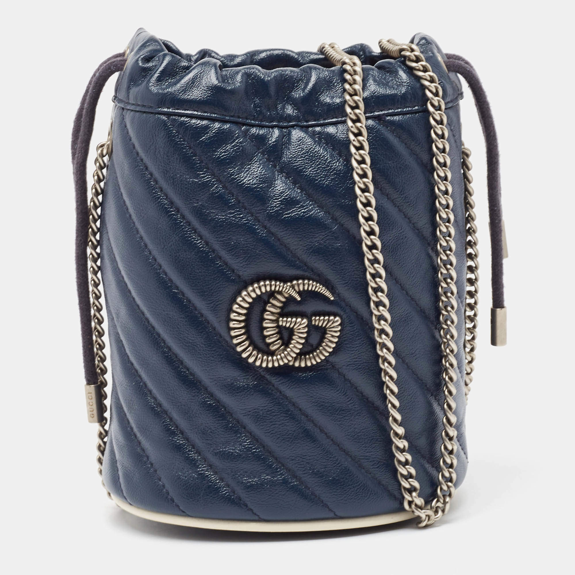 Pre Owned Gucci Navy Blue Matelasse Leather Mini GG Marmont Torchon Bucket Bag      