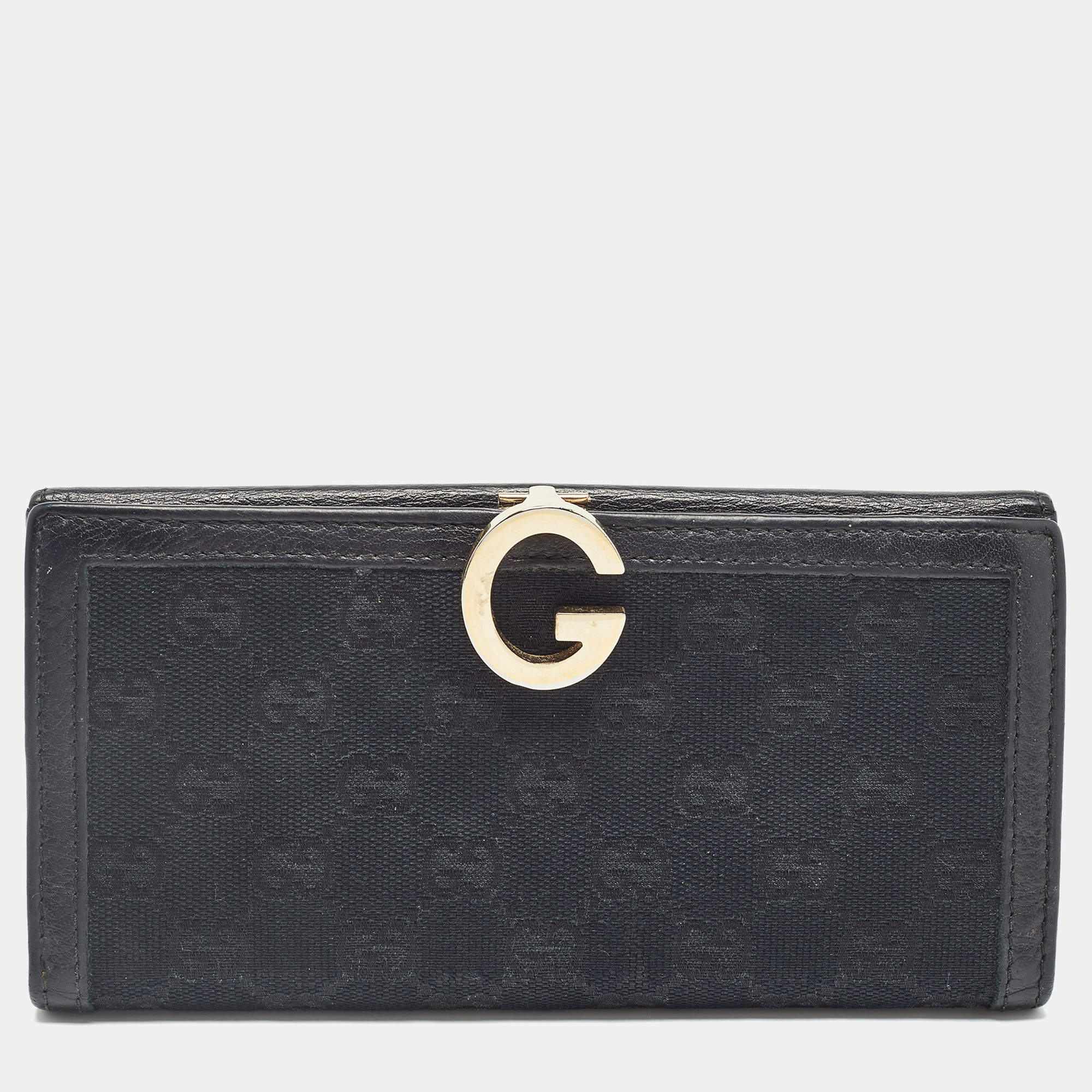 Gucci Black GG Canvas and Leather G Bit Flap Continental Wallet