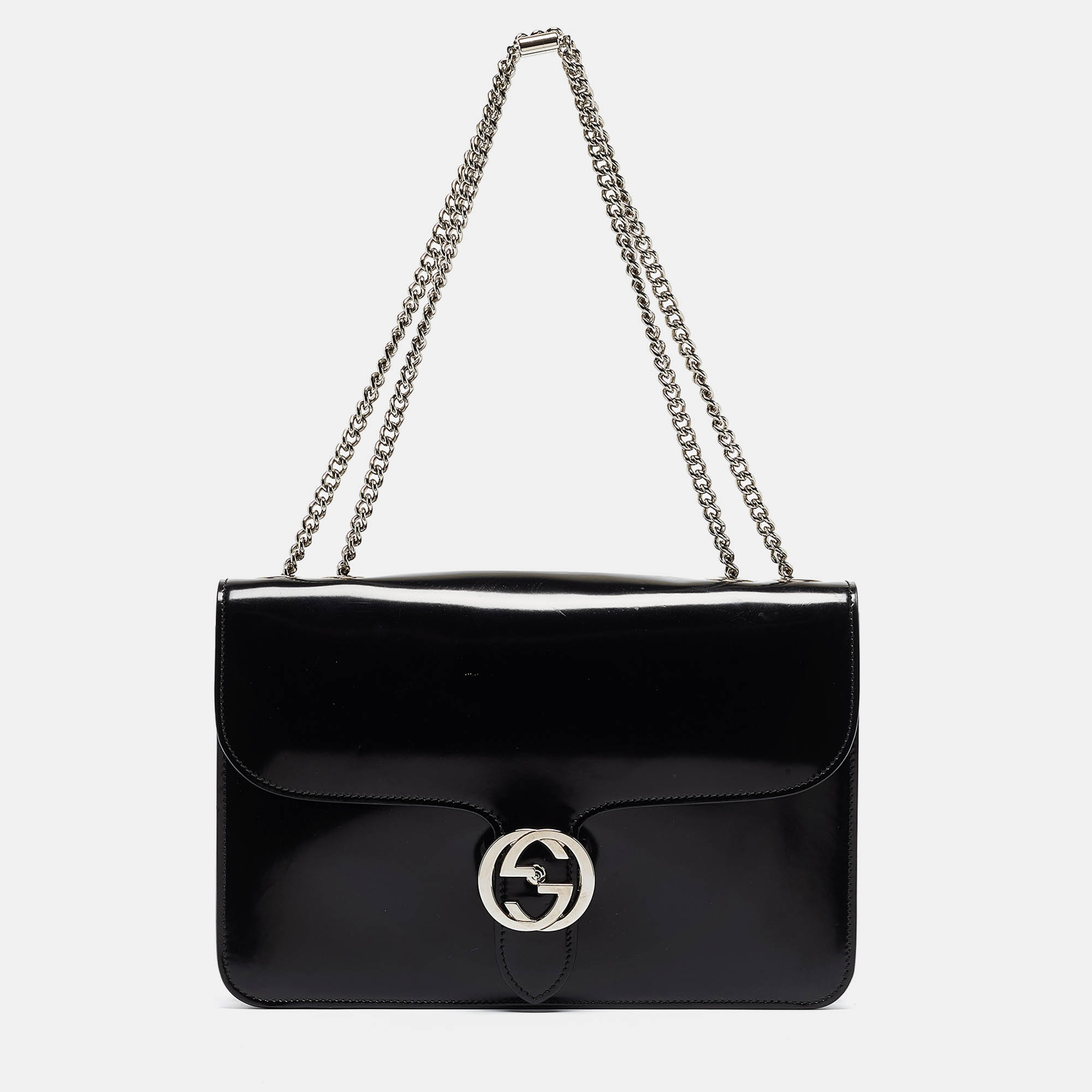 Pre Owned Gucci Black Glossy Leather Medium Interlocking G Shoulder Bag