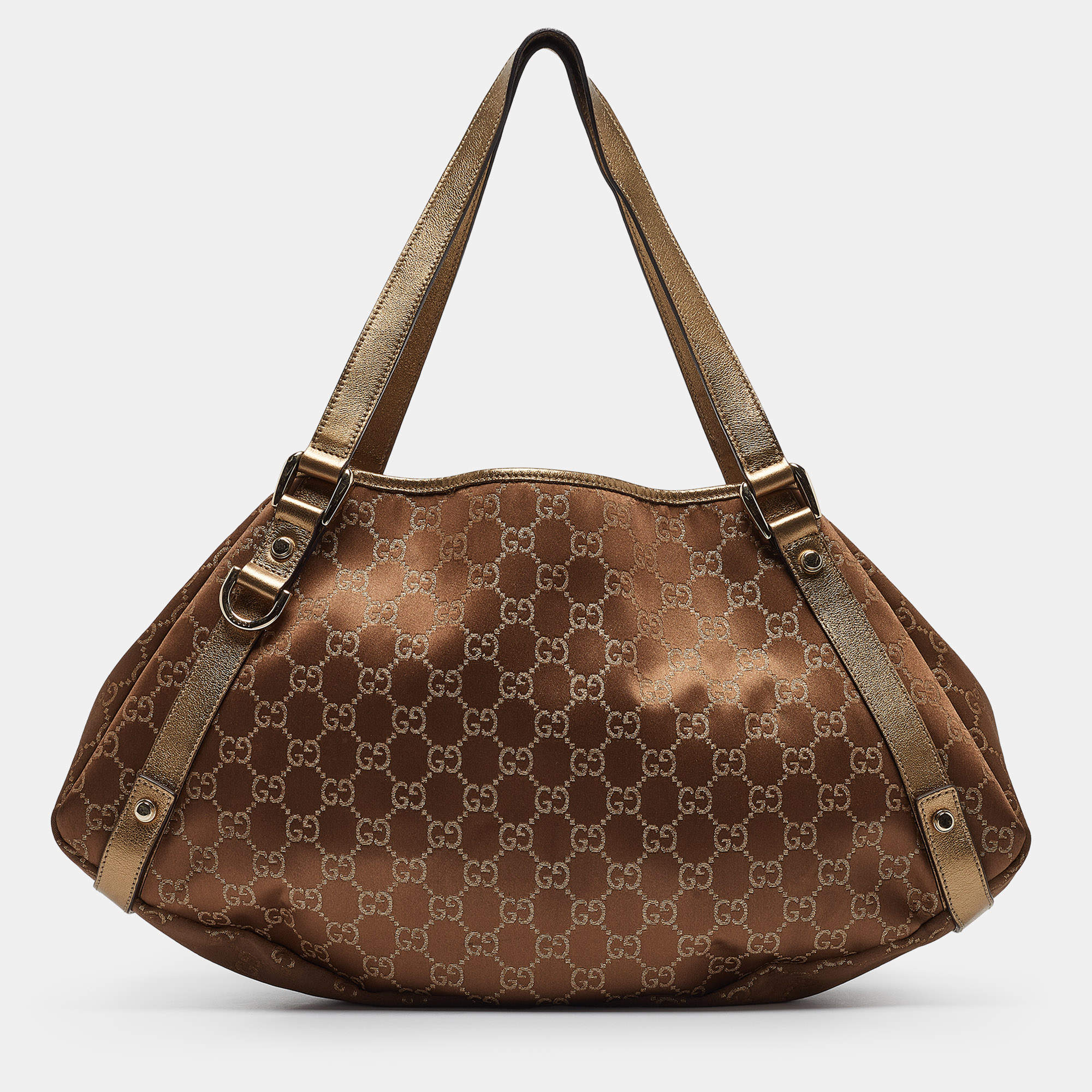 Pre Owned Gucci Bronze/Gold GG Fabric and Leather Medium Abbey Hobo