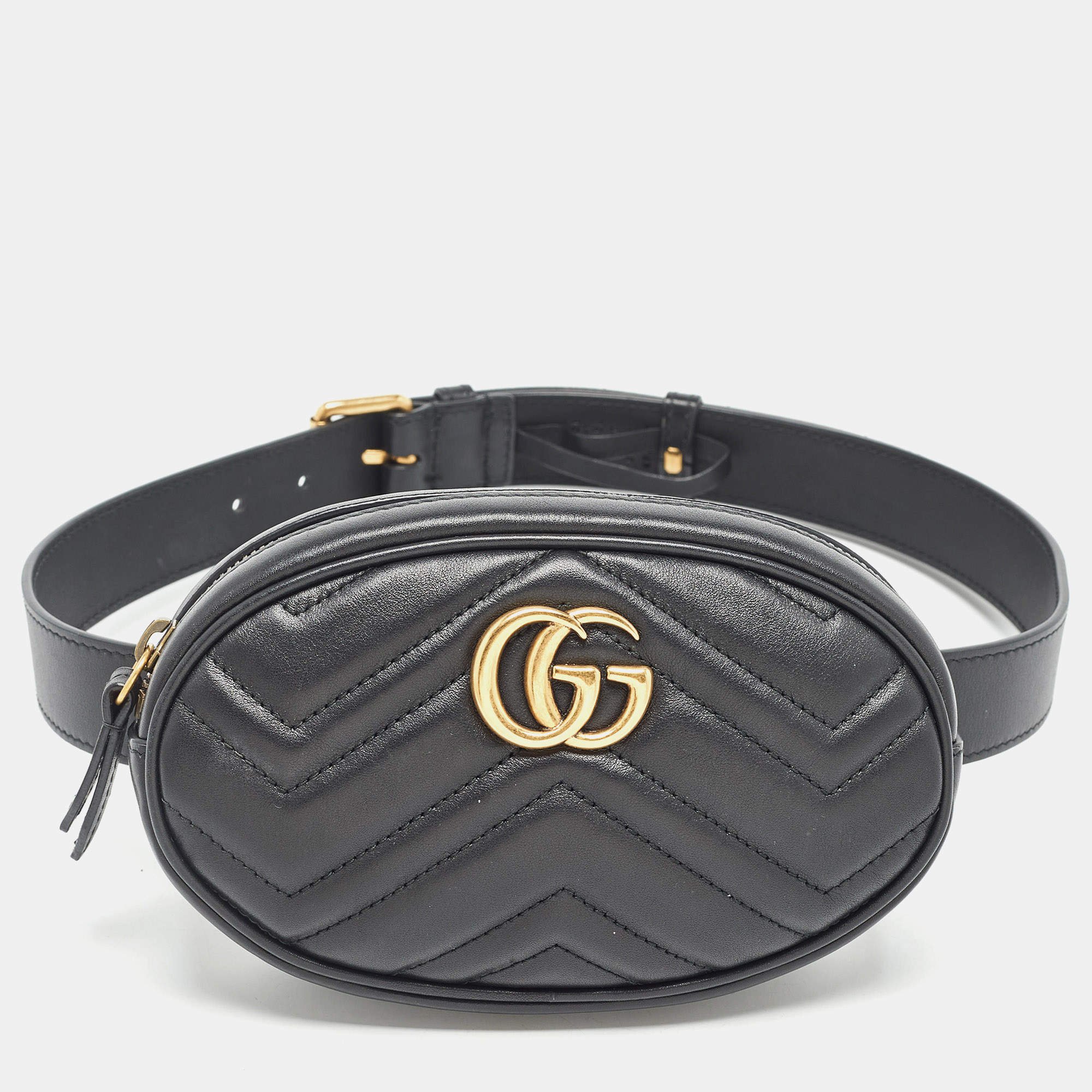 Pre Owned Gucci Black Matelassé Leather GG Marmont Belt Bag