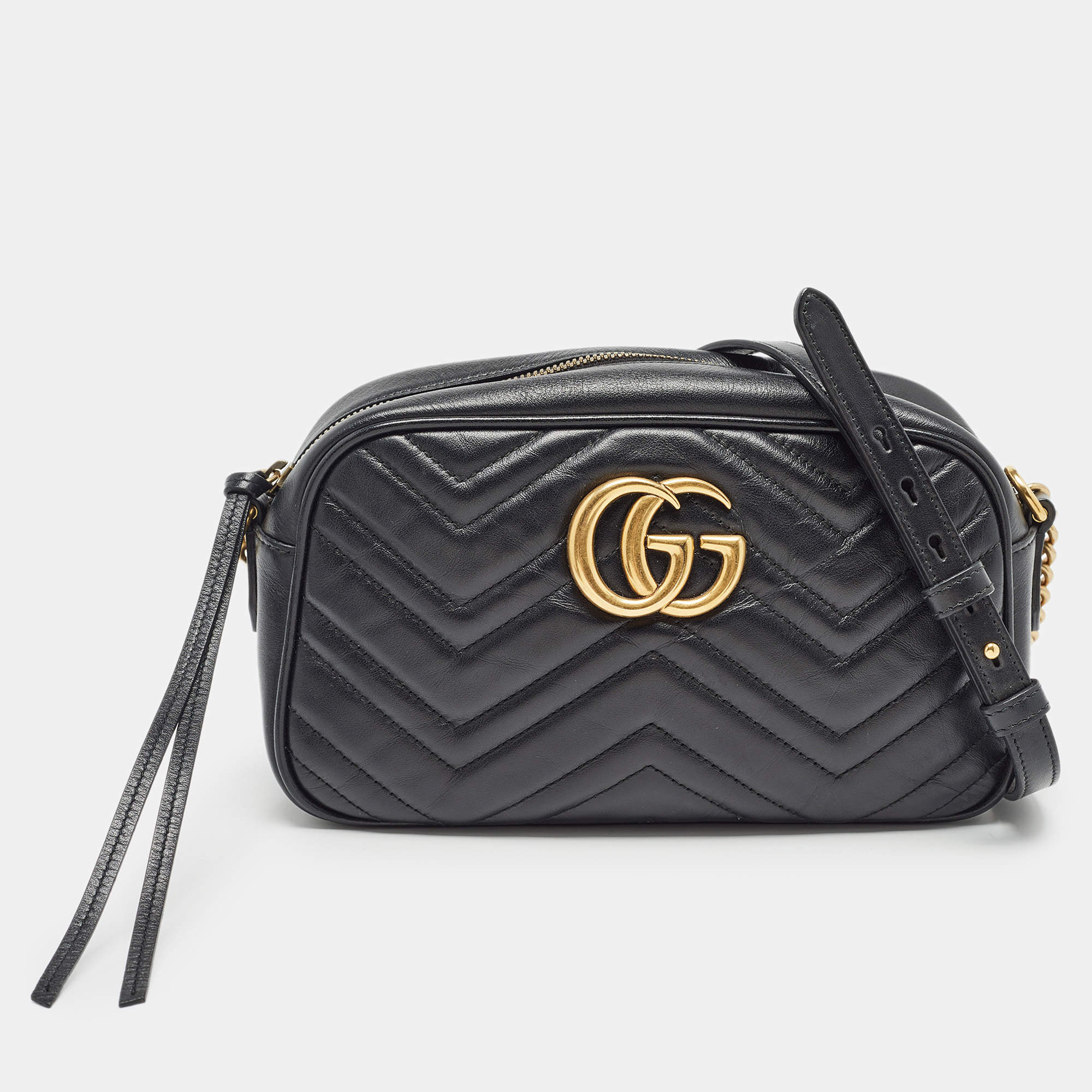 Pre Owned Gucci Black Matelassé Leather Small GG Marmont Shoulder Bag