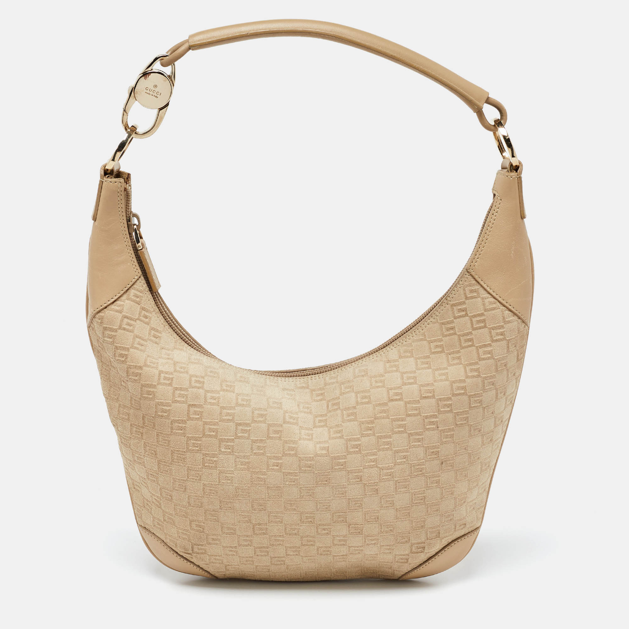 Pre Owned Gucci Beige GG Suede and Leather Hobo