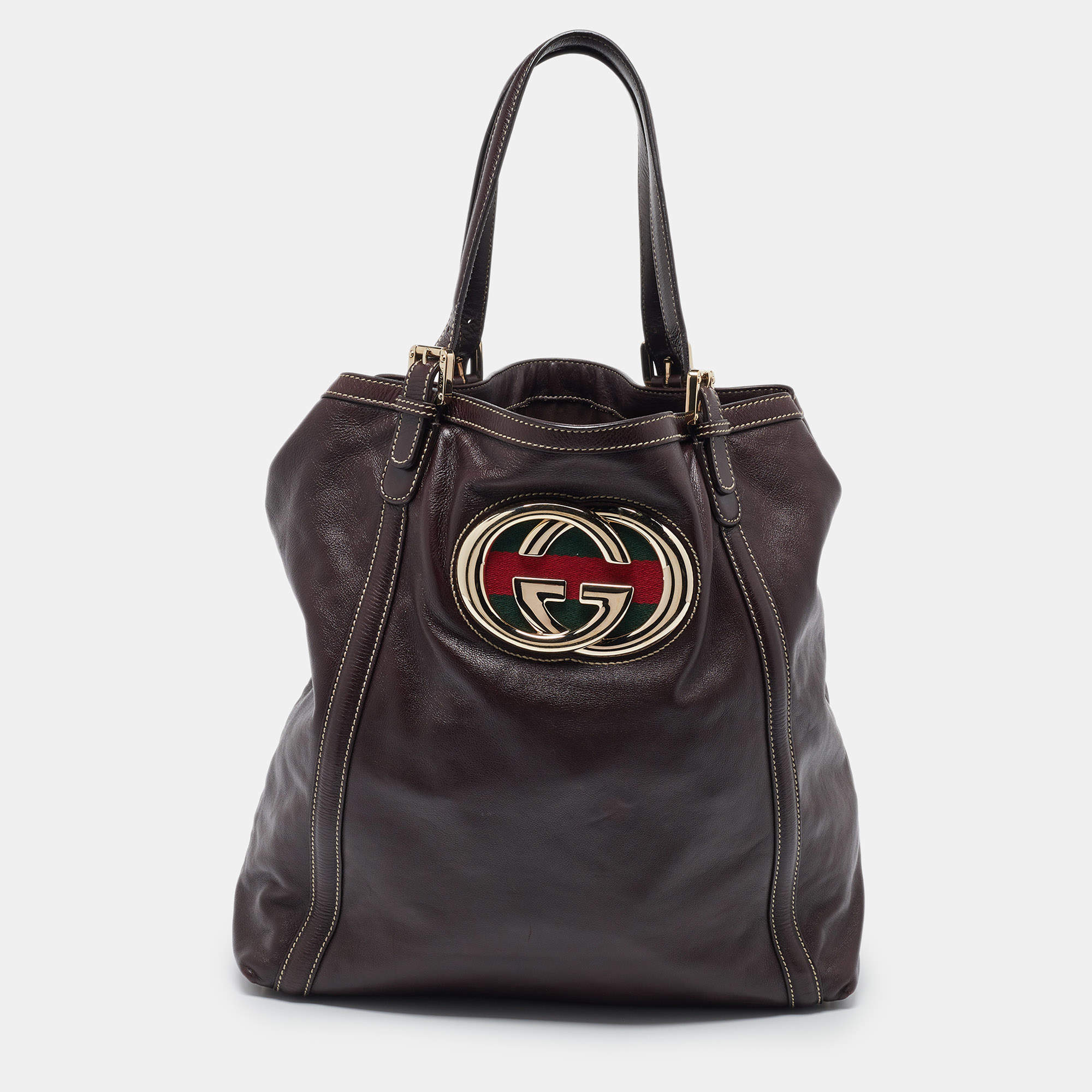 Pre Owned Gucci Brown Leather Large Britt Tote