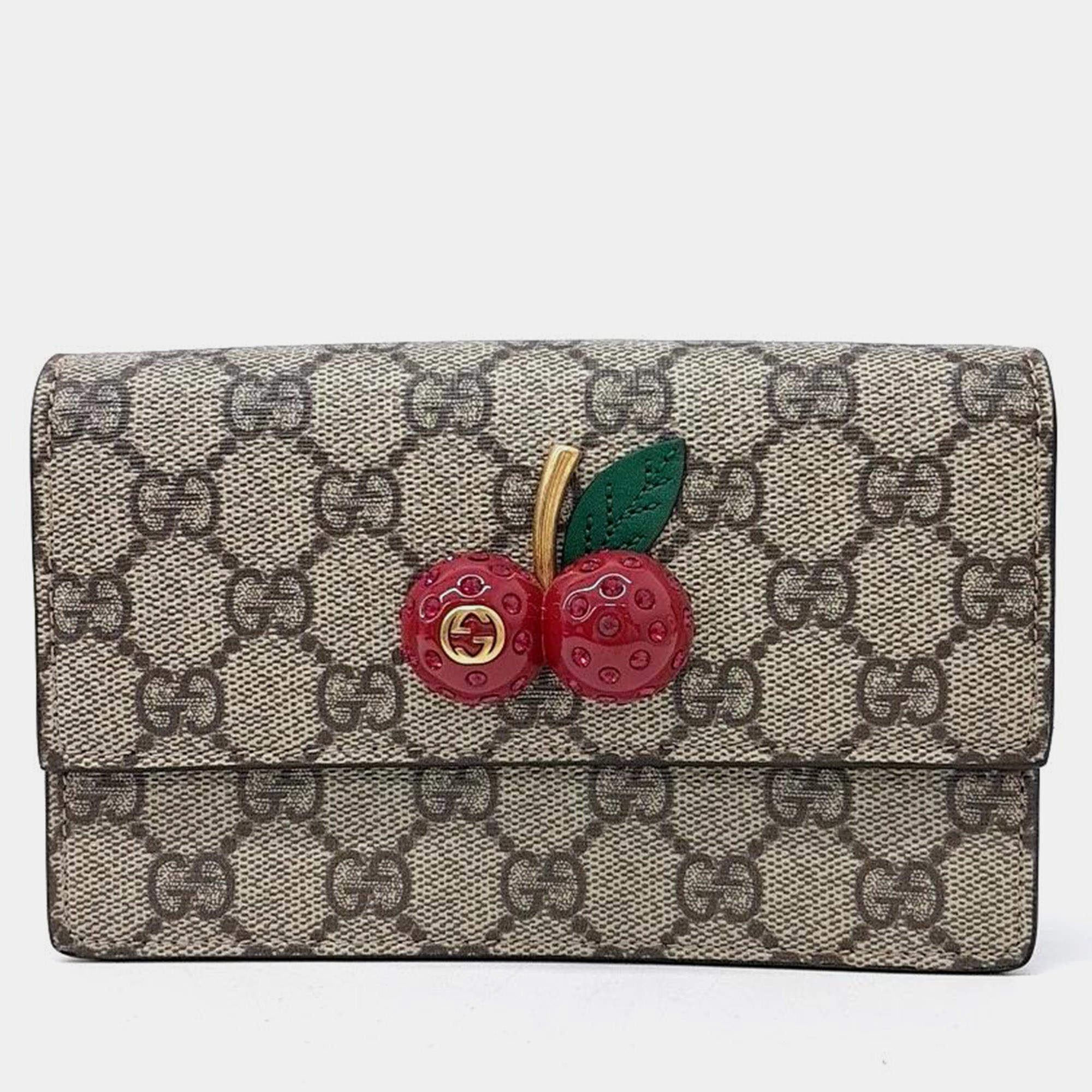 Gucci Beige GG Coated Canvas Mini Cherries Wallet on Chain 