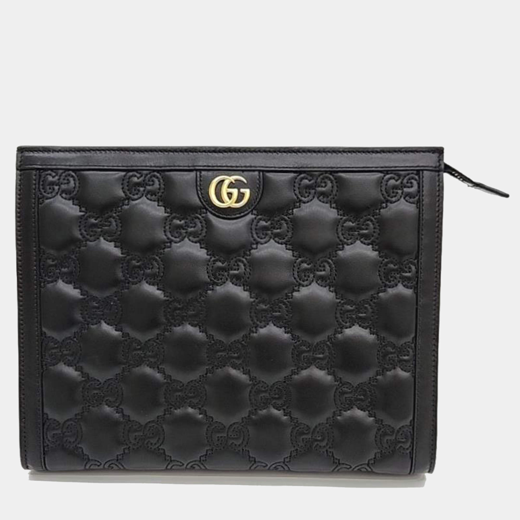 Pre Owned Gucci Black Leather GG Clutch 