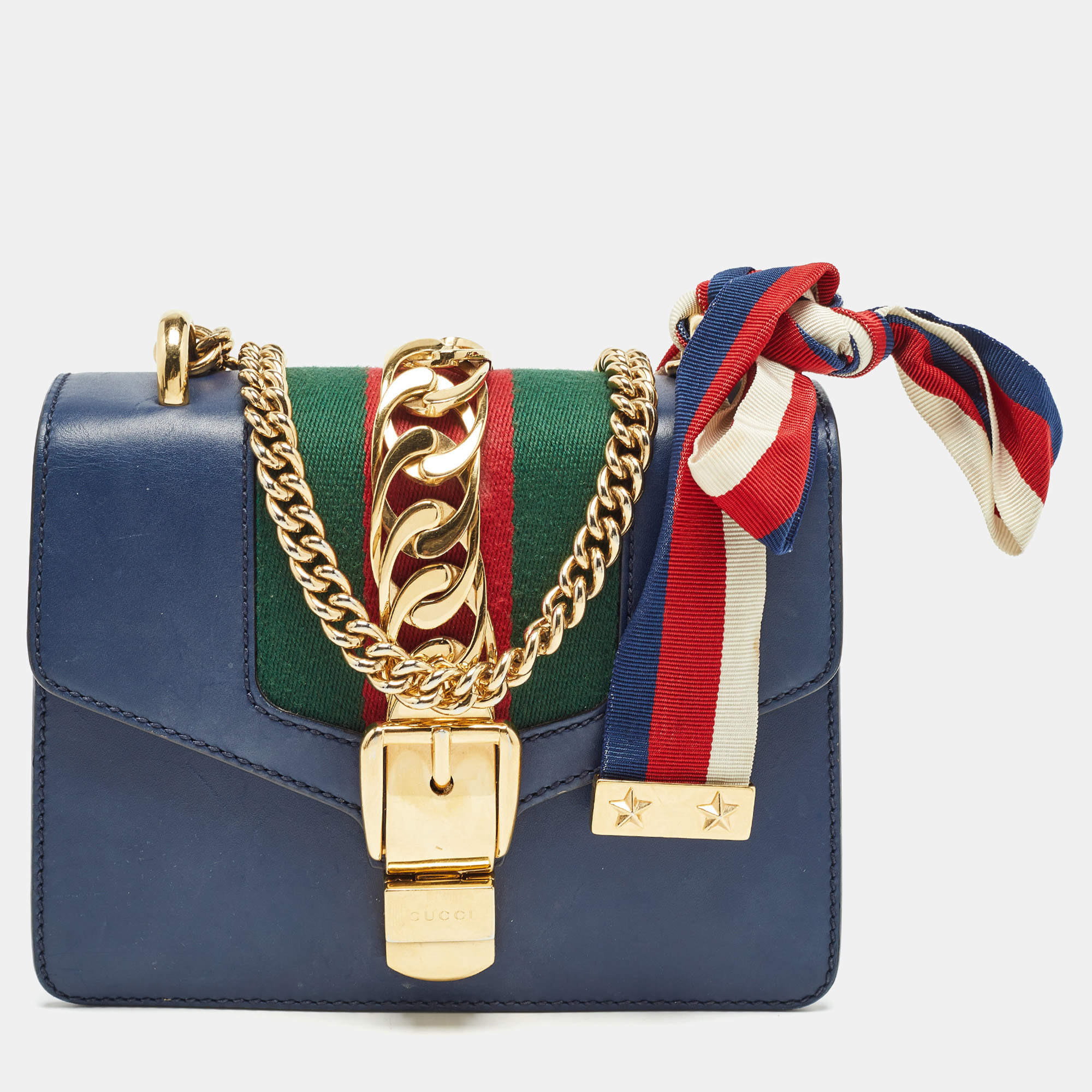 Pre Owned Gucci Blue Leather Mini Web Chain Sylvie Crossbody Bag