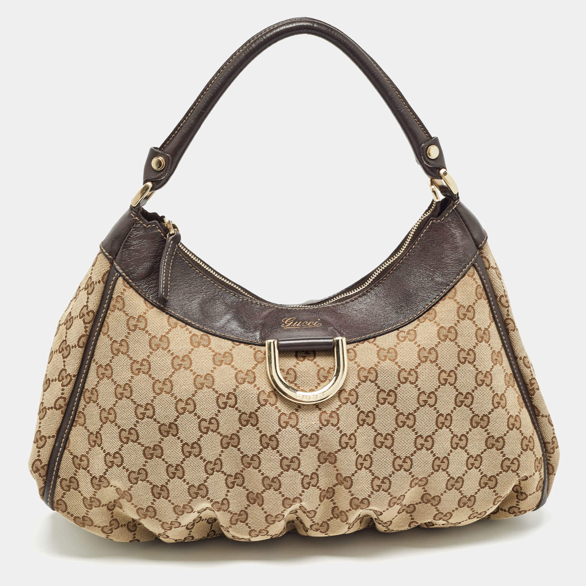 Pre Owned Gucci Beige/Black GG Canvas and Leather Abbey D-Ring Hobo