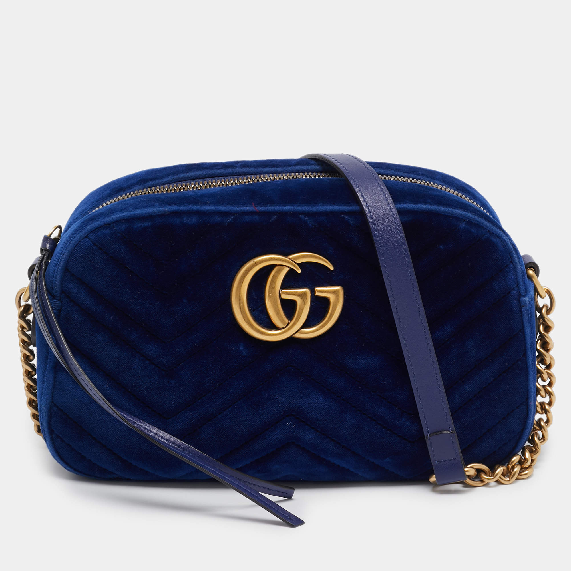 Gucci Blue Matelassé Velvet Leather Small GG Marmont Camera Bag