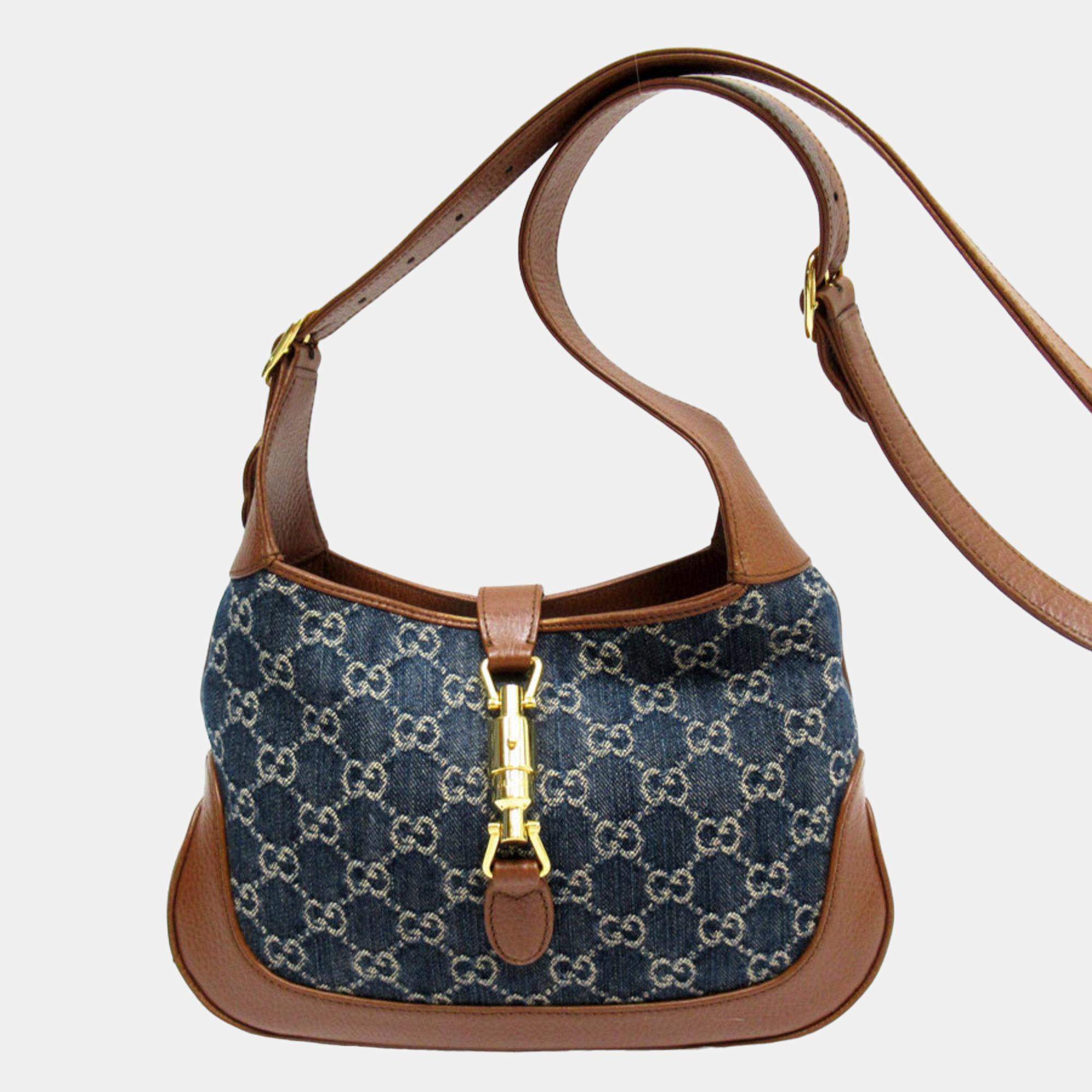 Gucci Blue/Brown New Denim GG Monogram Calfskin Small Jackie 1961 Shoulder Bag