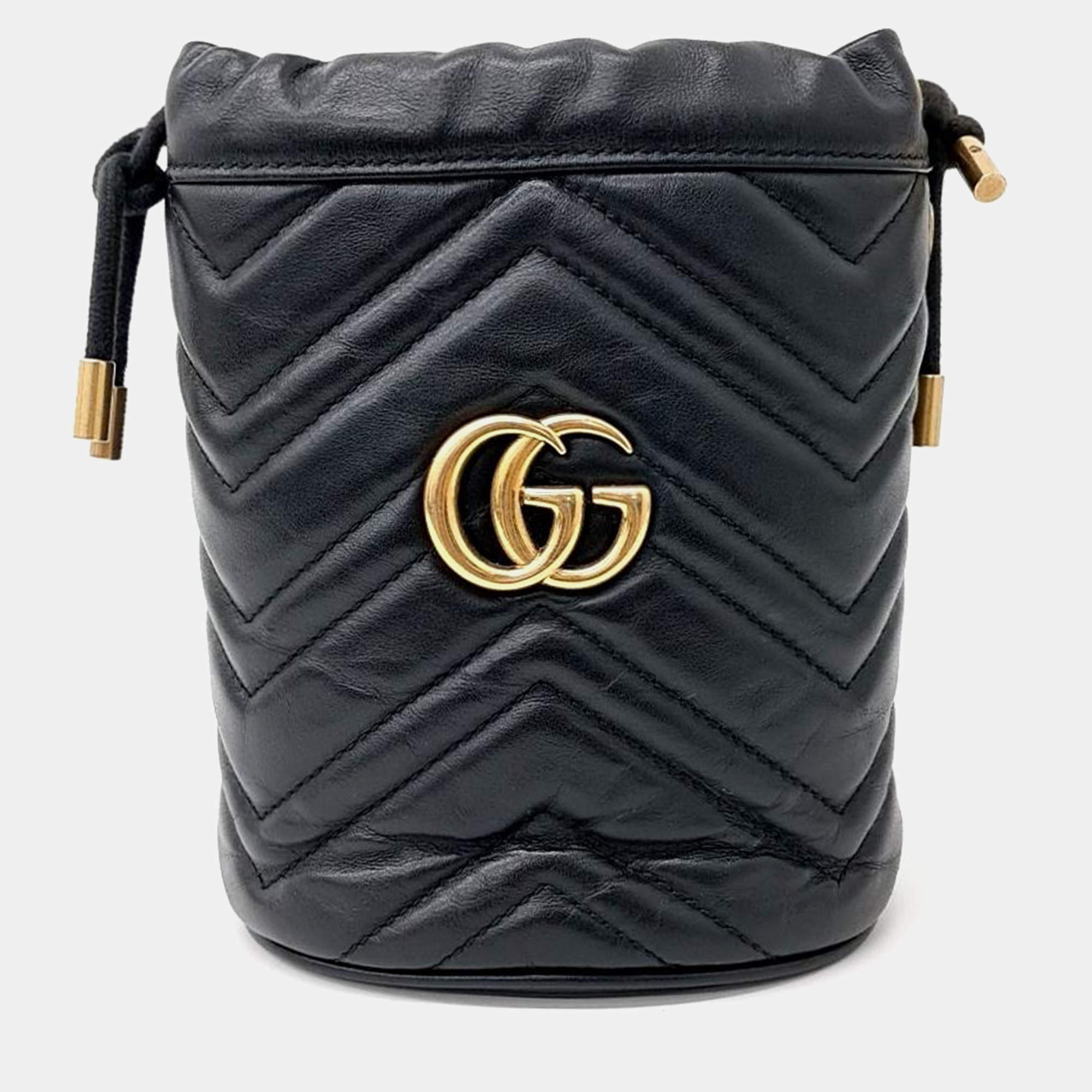 Gucci Black Calfskin Matelasse Mini GG Marmont Bucket Bag