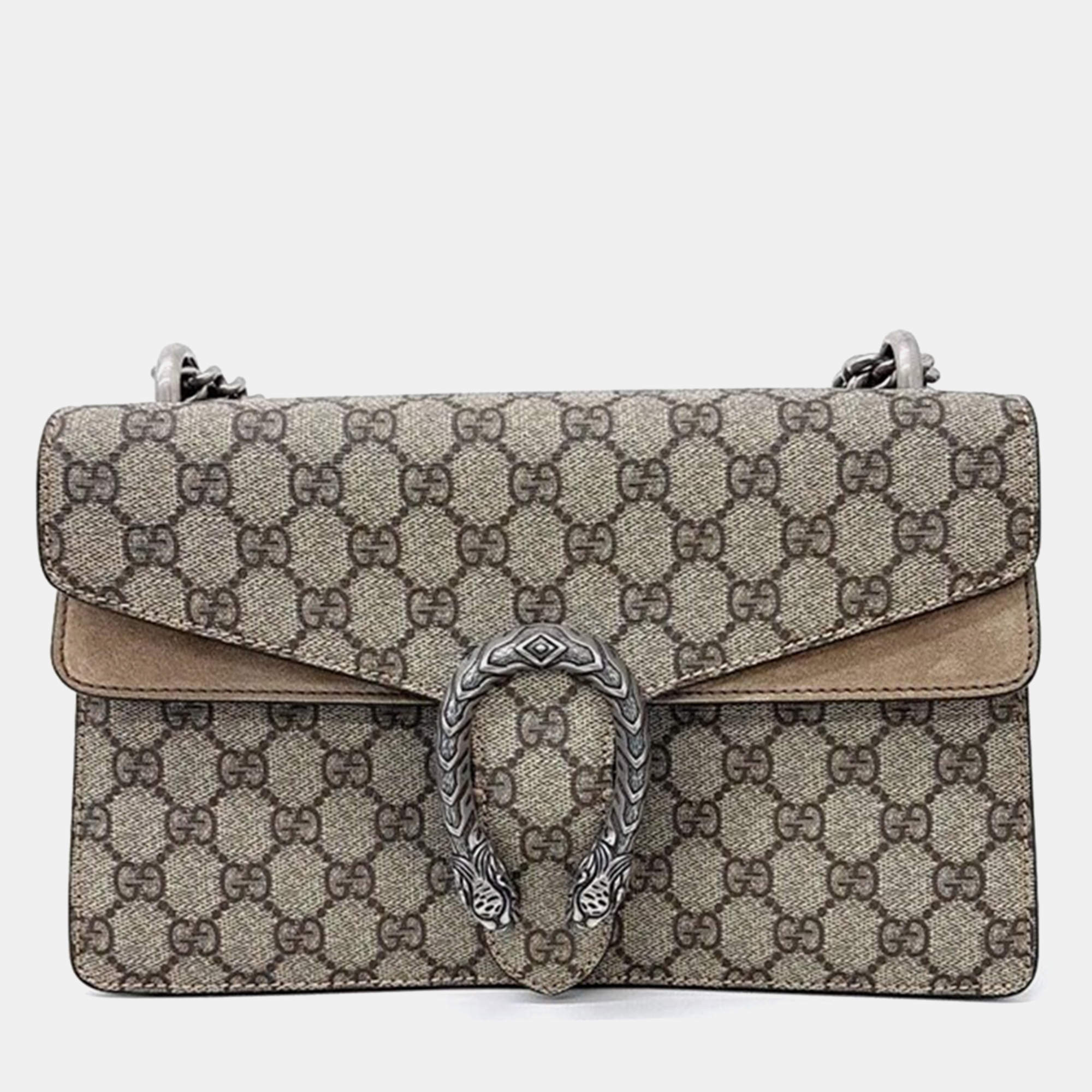 Pre Owned Gucci Beige GG Supreme Canvas and Suede Small Dionysus Shoulder Bag