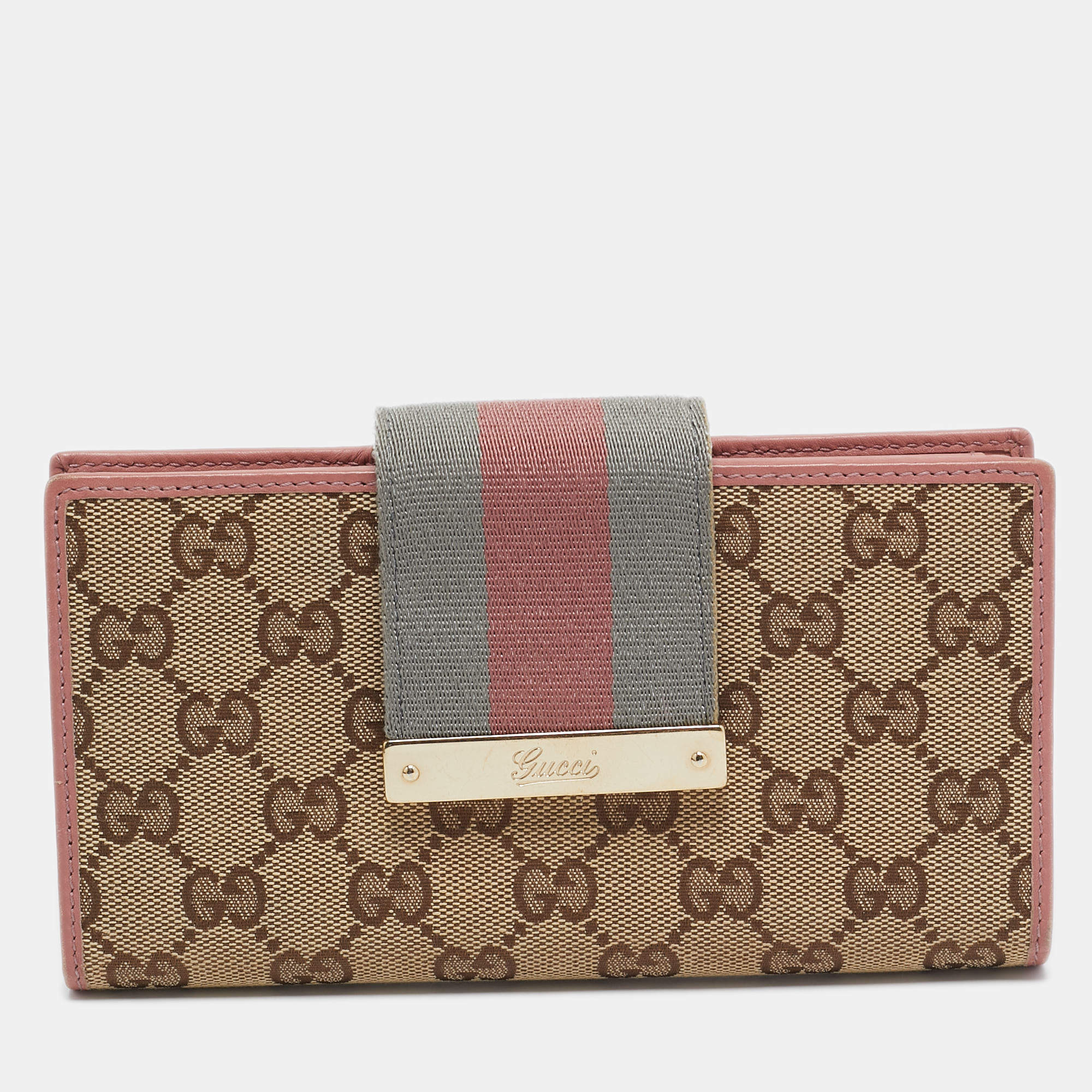 Gucci Pink/Beige GG Canvas and Leather Web Flap Continental Wallet