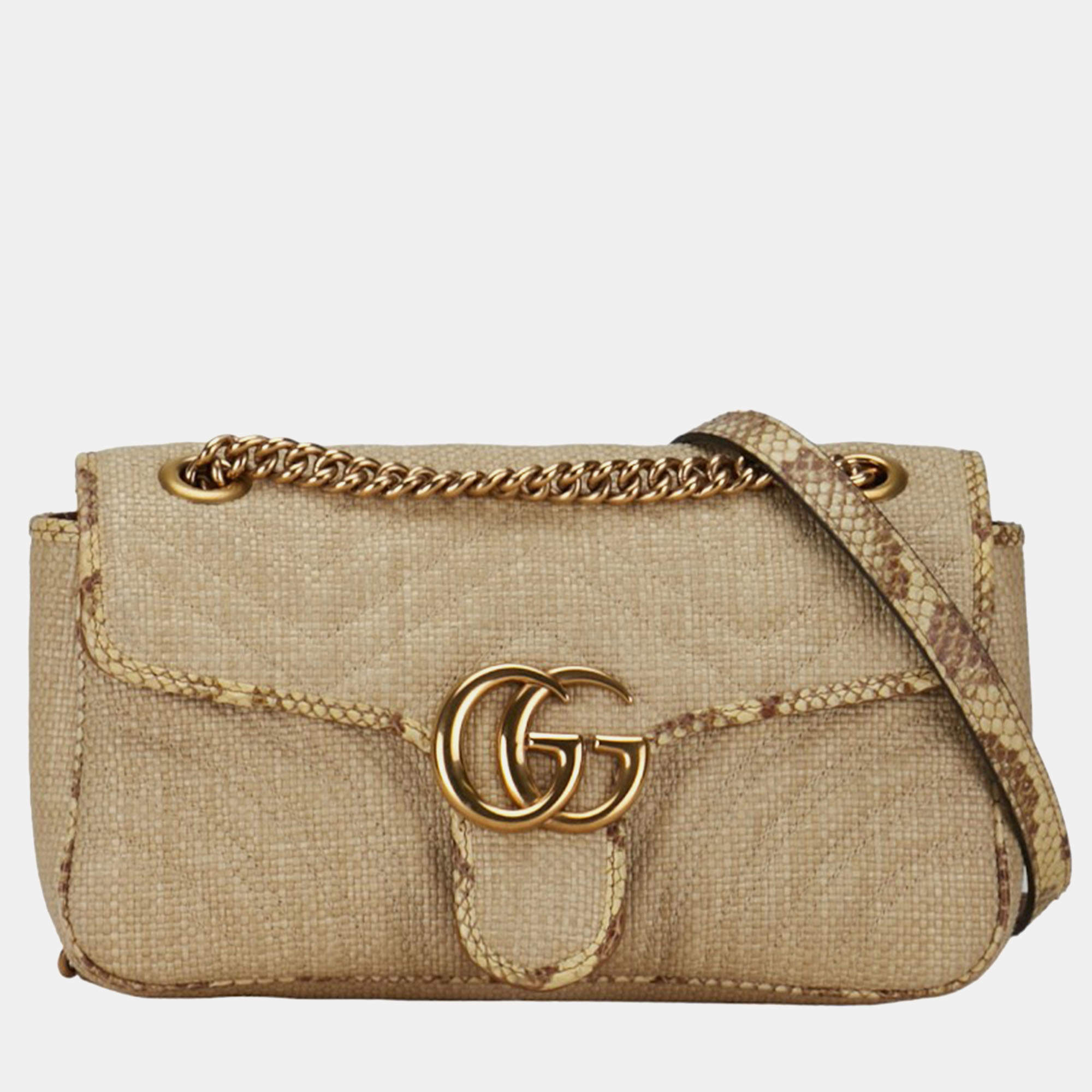 Pre Owned Gucci Beige Matelasse Raffia with Snakeskin Small GG Marmont Flap Bag 