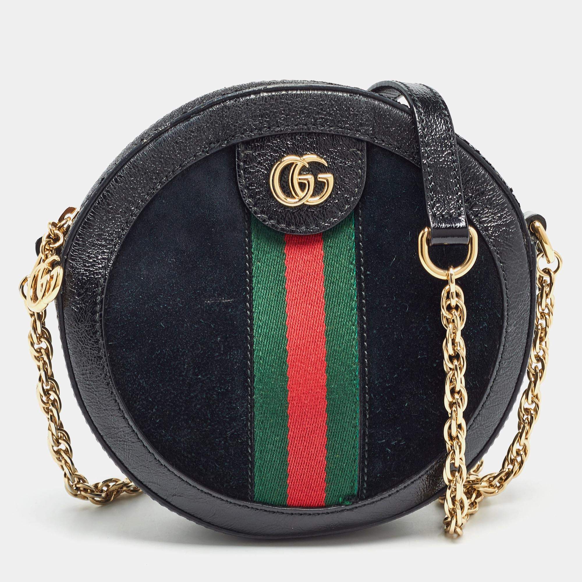 Pre Owned Gucci Black Leather and Suede Mini Web Ophidia Round Shoulder Bag