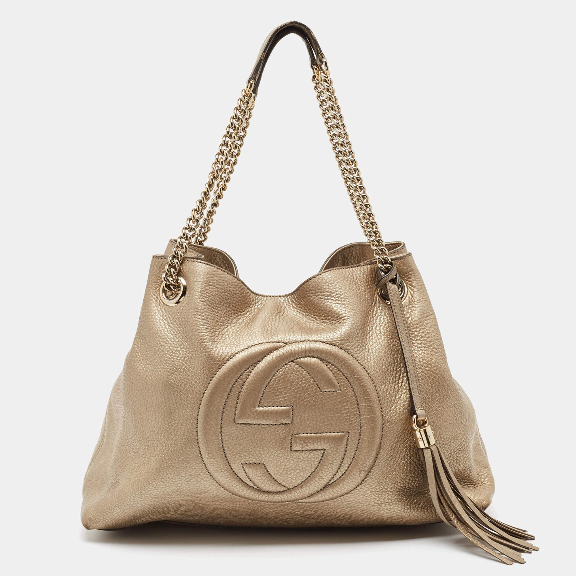 Pre Owned Gucci Light Gold Leather Medium Soho Chain Tote