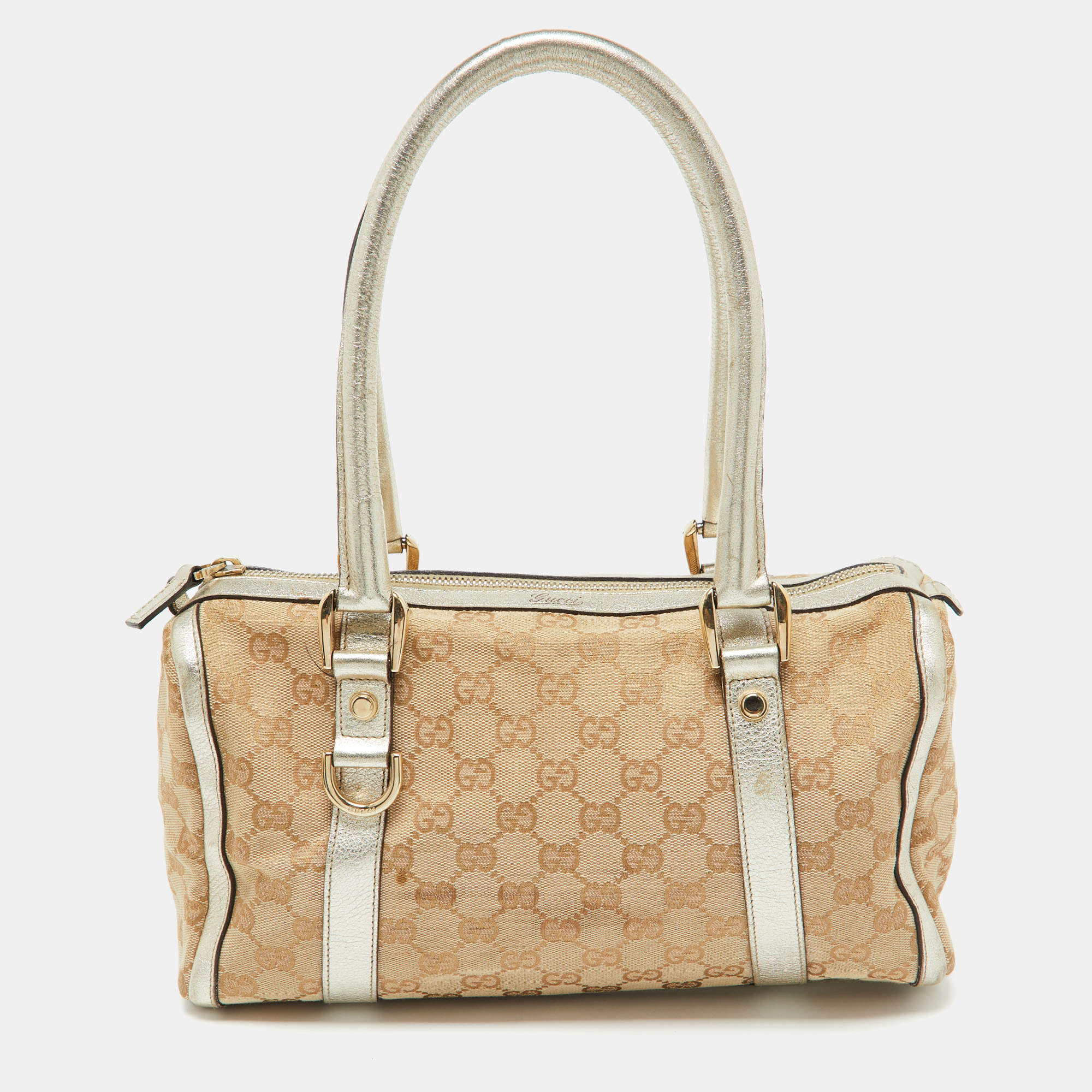 Gucci Beige/Gold GG Canvas and  Leather Small Abbey Boston Bag