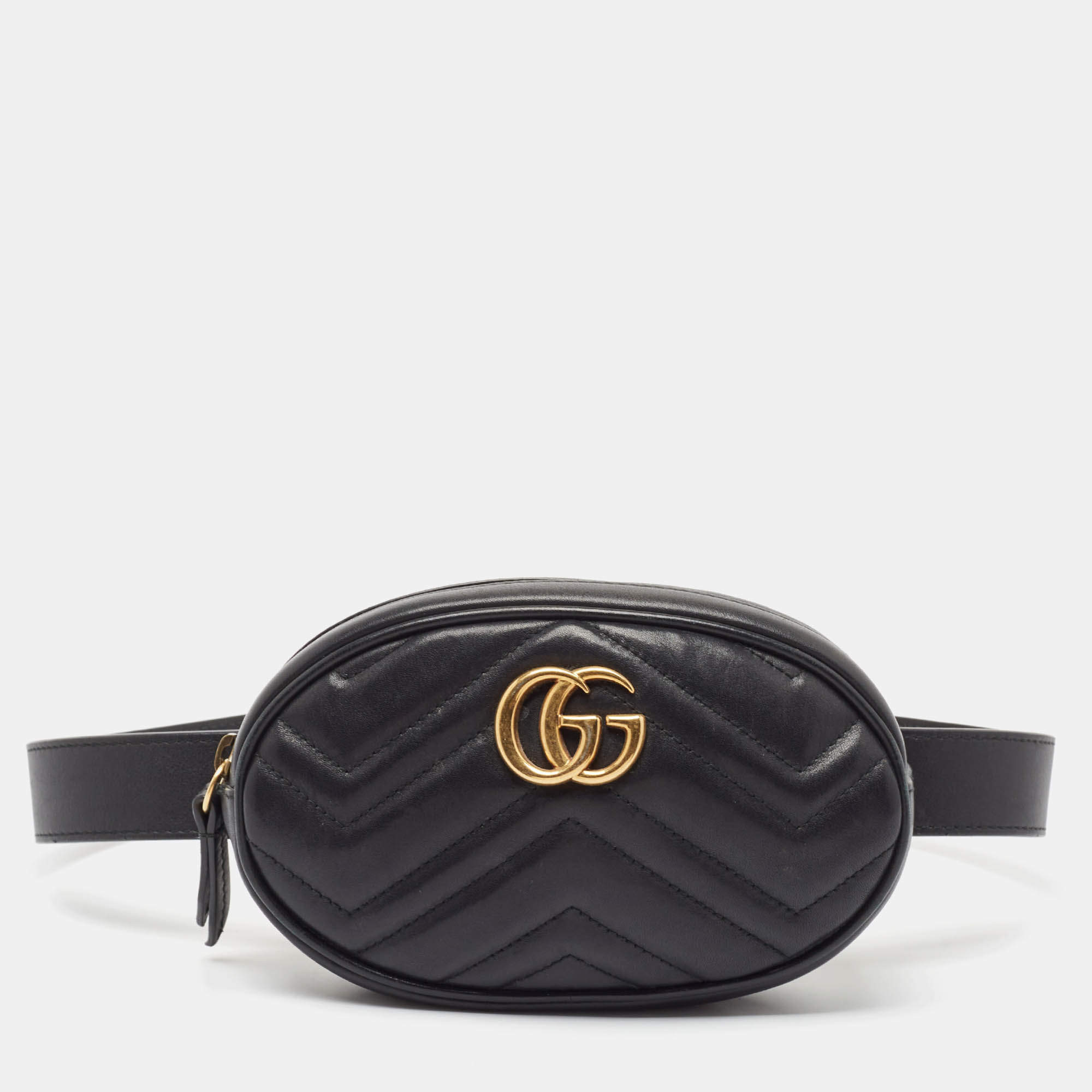 Pre Owned Gucci Black Matelassé Leather GG Marmont Belt Bag