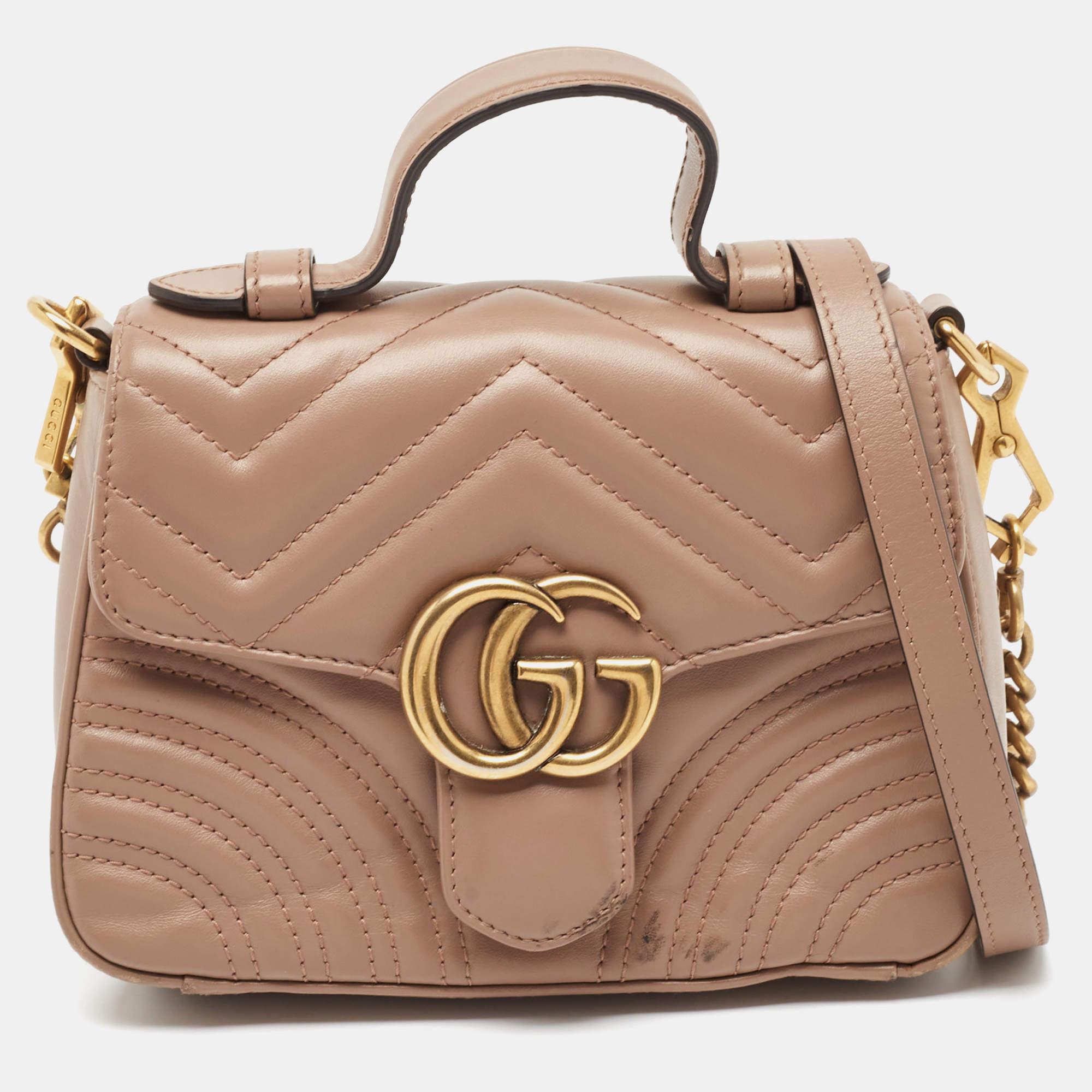 Gucci Beige Matelasse Leather Mini GG Marmont Top Handle Bag