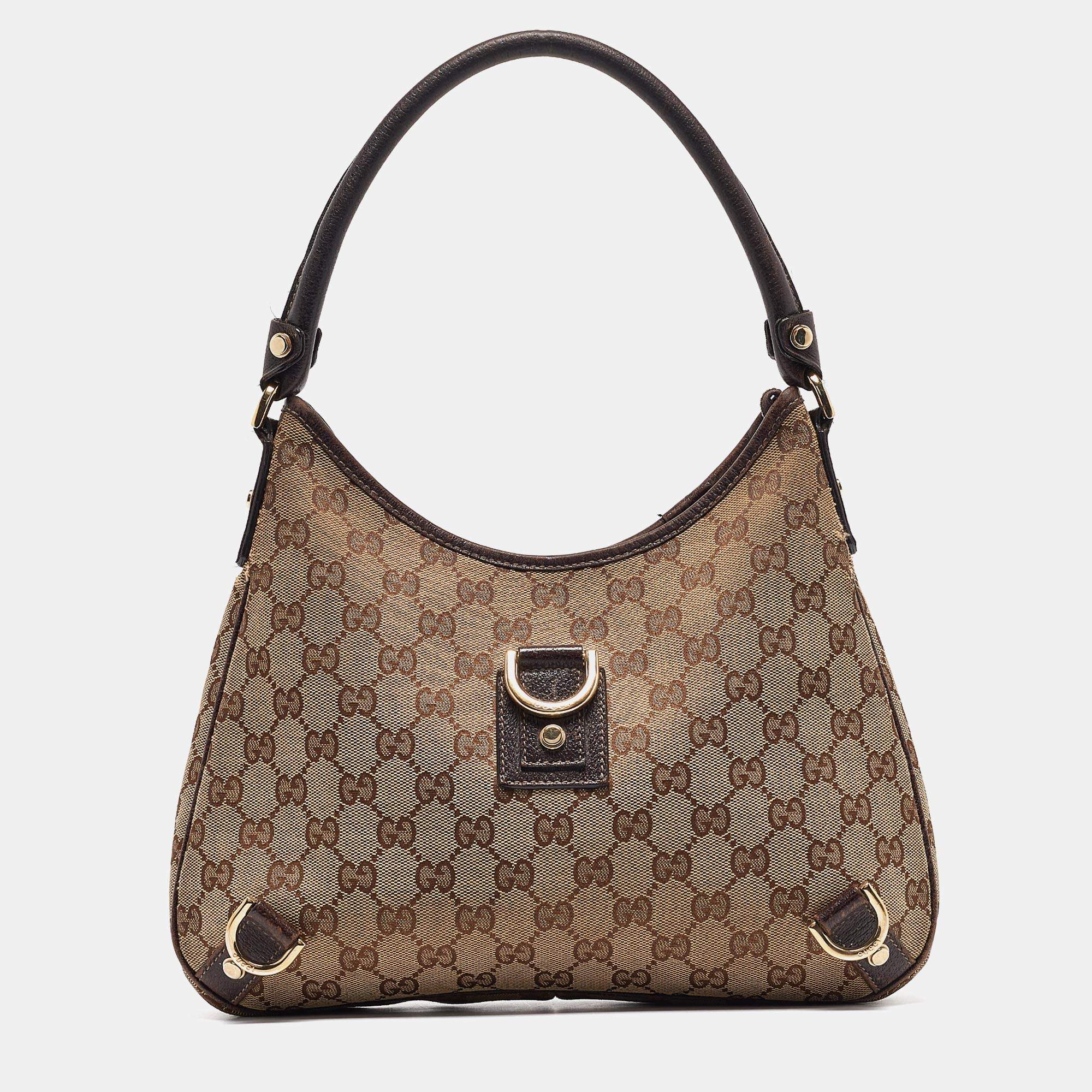 Pre Owned Gucci Beige/Brown GG Canvas and Leather Small Abbey D Ring Hobo