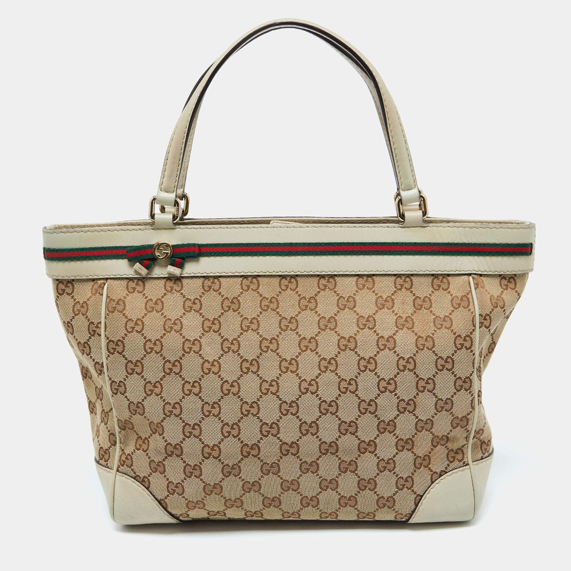 Pre Owned Gucci Brown/Beige GG Canvas and Leather Medium Mayfair Bow Tote
