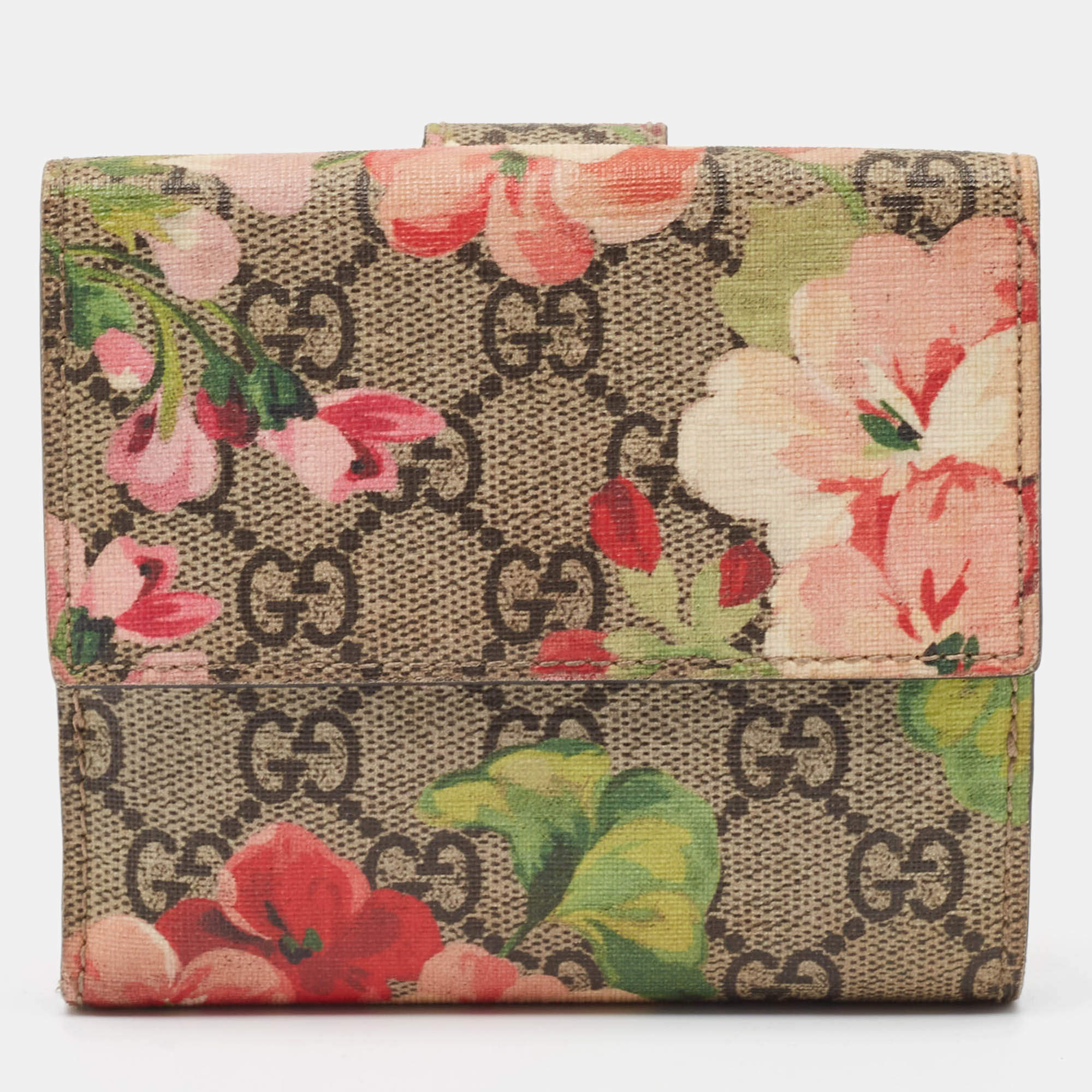 Gucci Pink/Beige GG Supreme Blooms Canvas French Flap Wallet