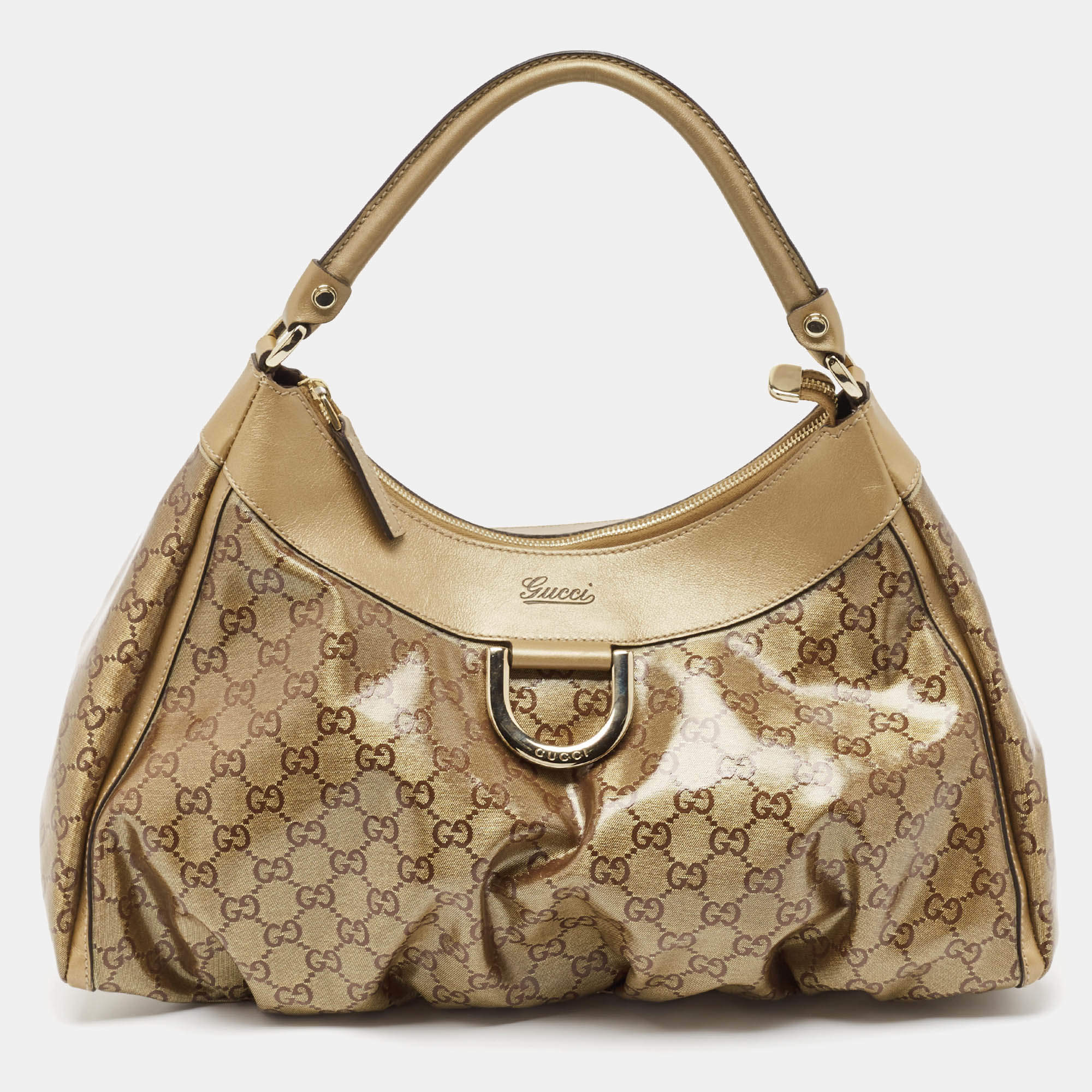 Pre Owned Gucci Beige/Gold GG Crystal Canvas Large D Ring Hobo