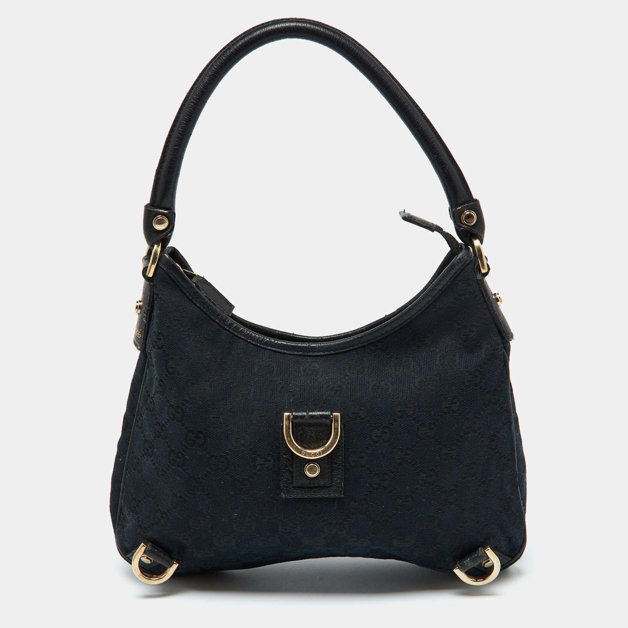 Pre Owned Gucci Black GG Canvas and Leather Abbey D-Ring Hobo