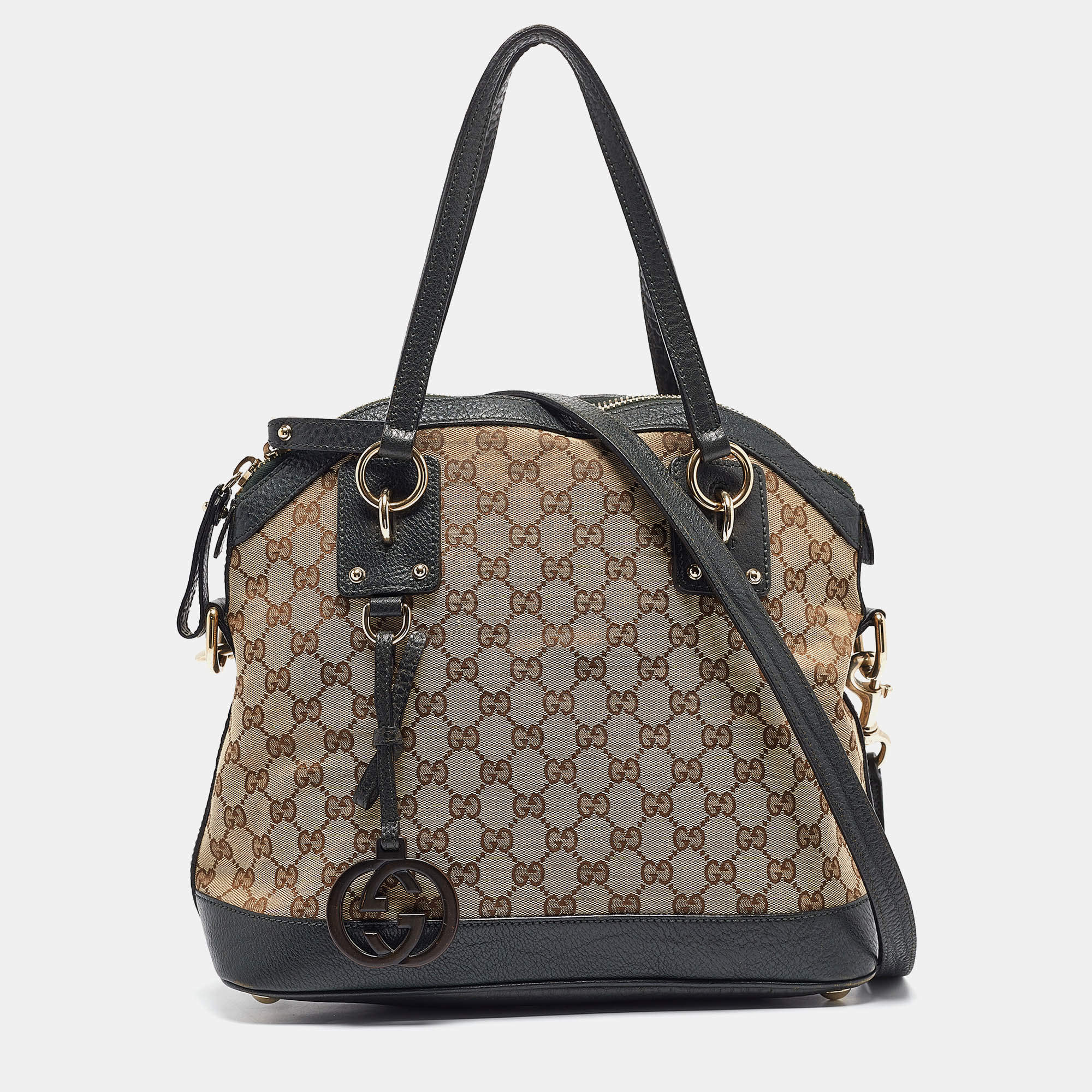 Pre Owned Gucci Brown/Dark Green GG Canvas and Leather Charm Dome Satchel