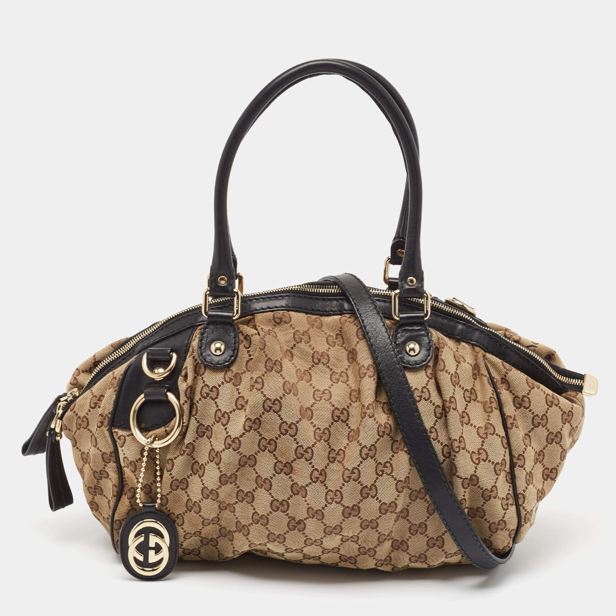 Pre Owned Gucci Black/Beige GG Canvas and Leather Medium Sukey Bag