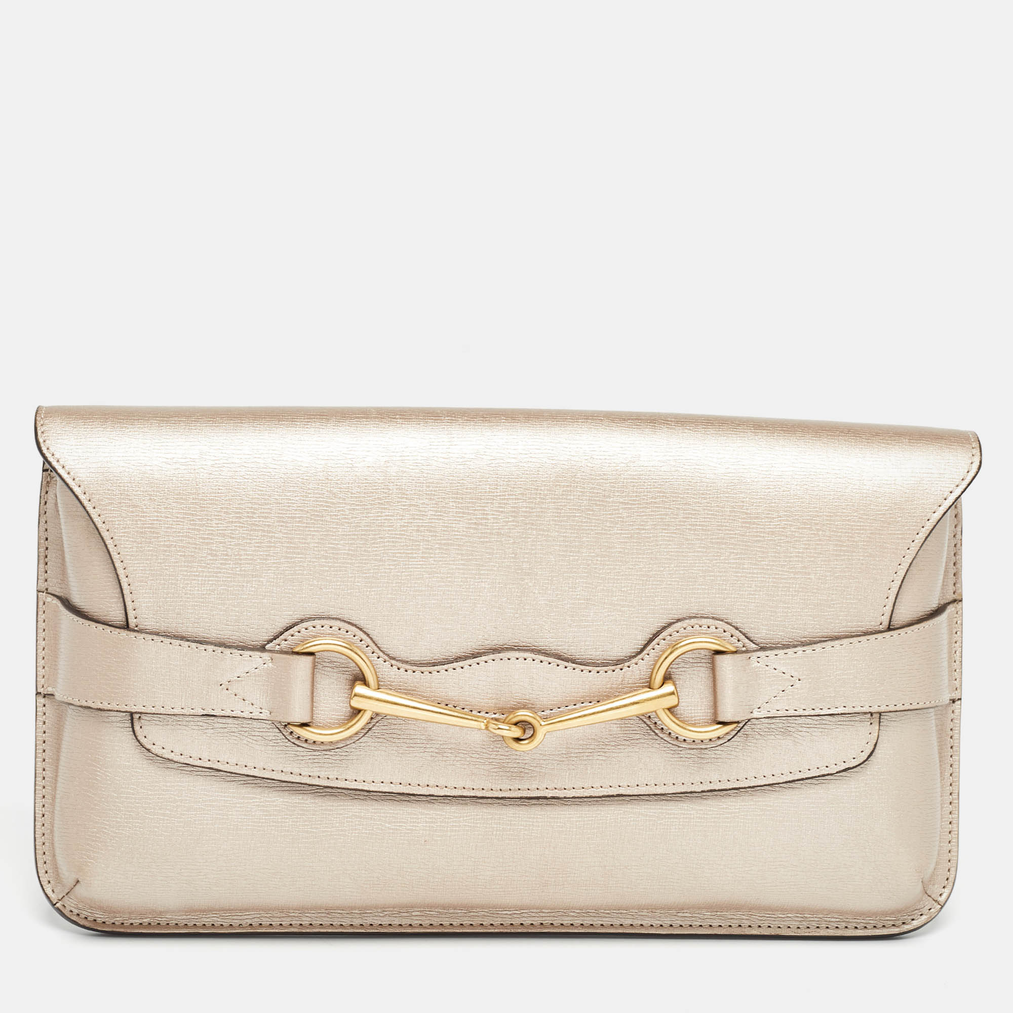 Pre Owned Gucci Metallic Beige Leather Bright Bit Clutch