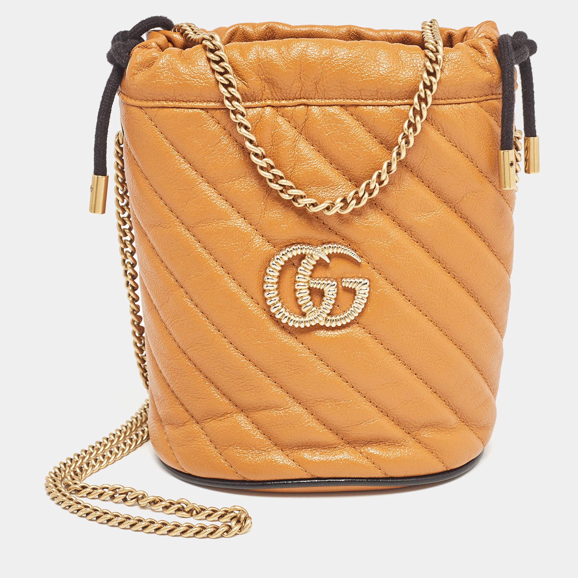 Pre Owned Gucci Orange Matelassé Leather Mini Torchon GG Marmont 2.0 Bucket Bag      