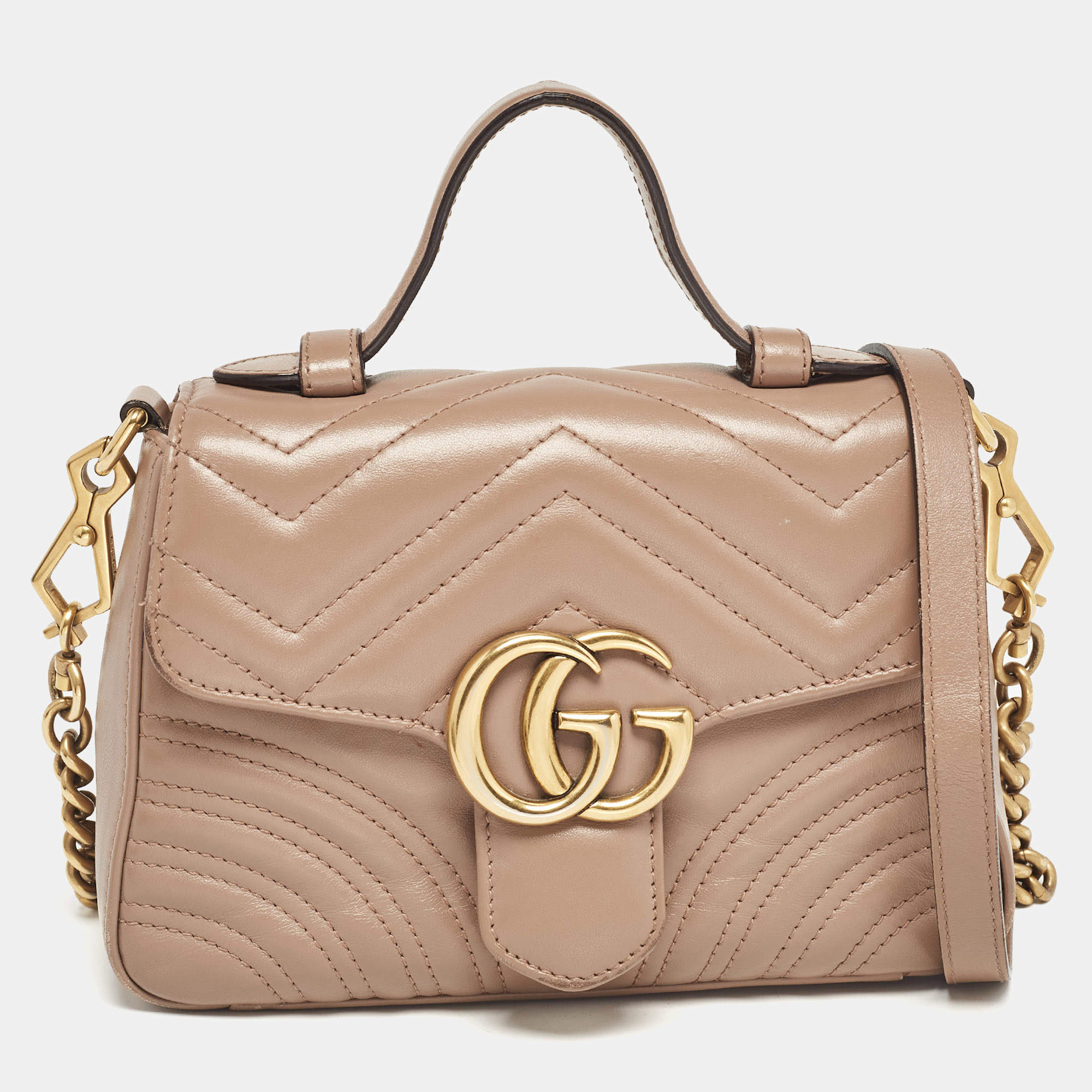 Pre Owned Gucci Dusty Pink Matelassé Leather Mini GG Marmont Top Handle Bag