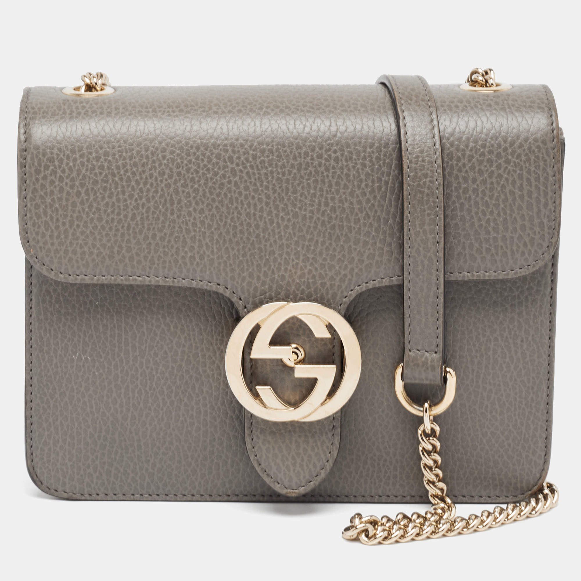 Pre Owned Gucci Grey Leather Small Dollar Interlocking G Crossbody Bag