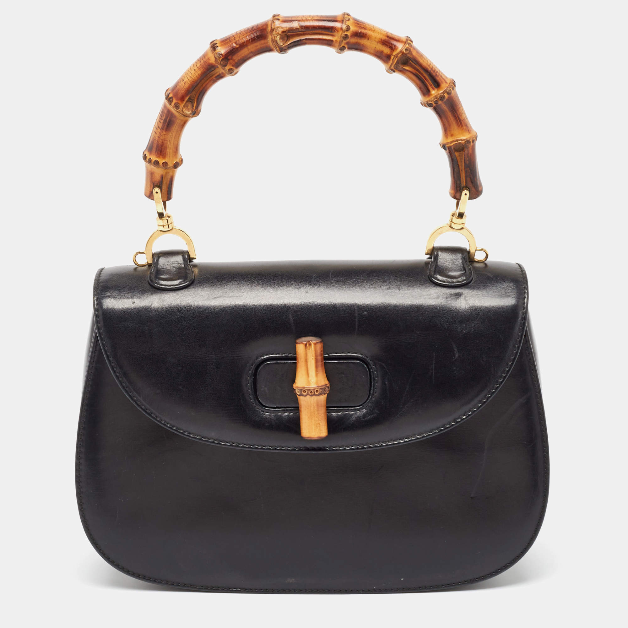 Pre Owned Gucci Black Leather Vintage Bamboo Top Handle Bag